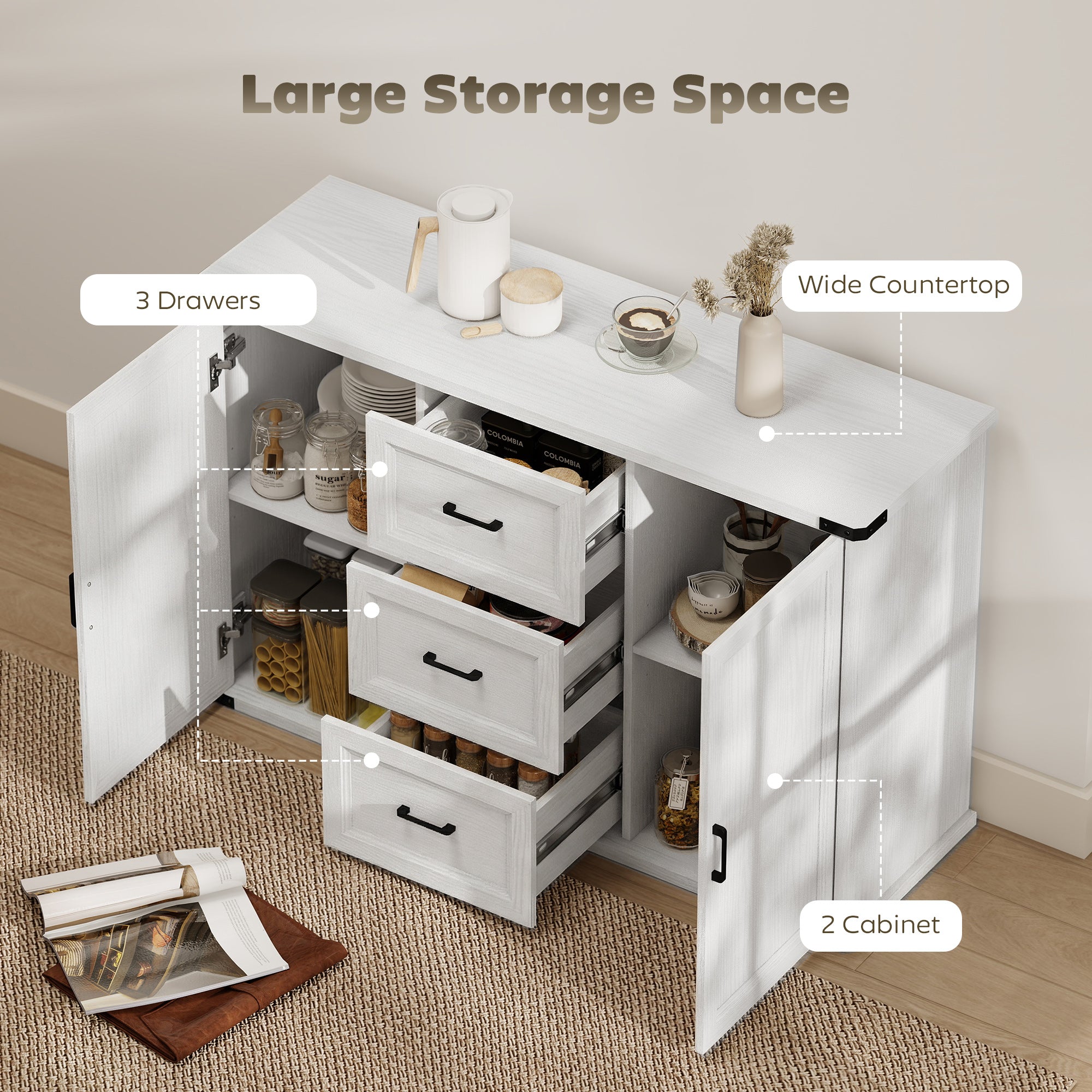 Modern Sideboard Buffet Cabinet with 3 Drawers and 2 Doors, 47" Coffee Bar Cabinet with Adjustable Shelves for Kitchen, White Wood Grain