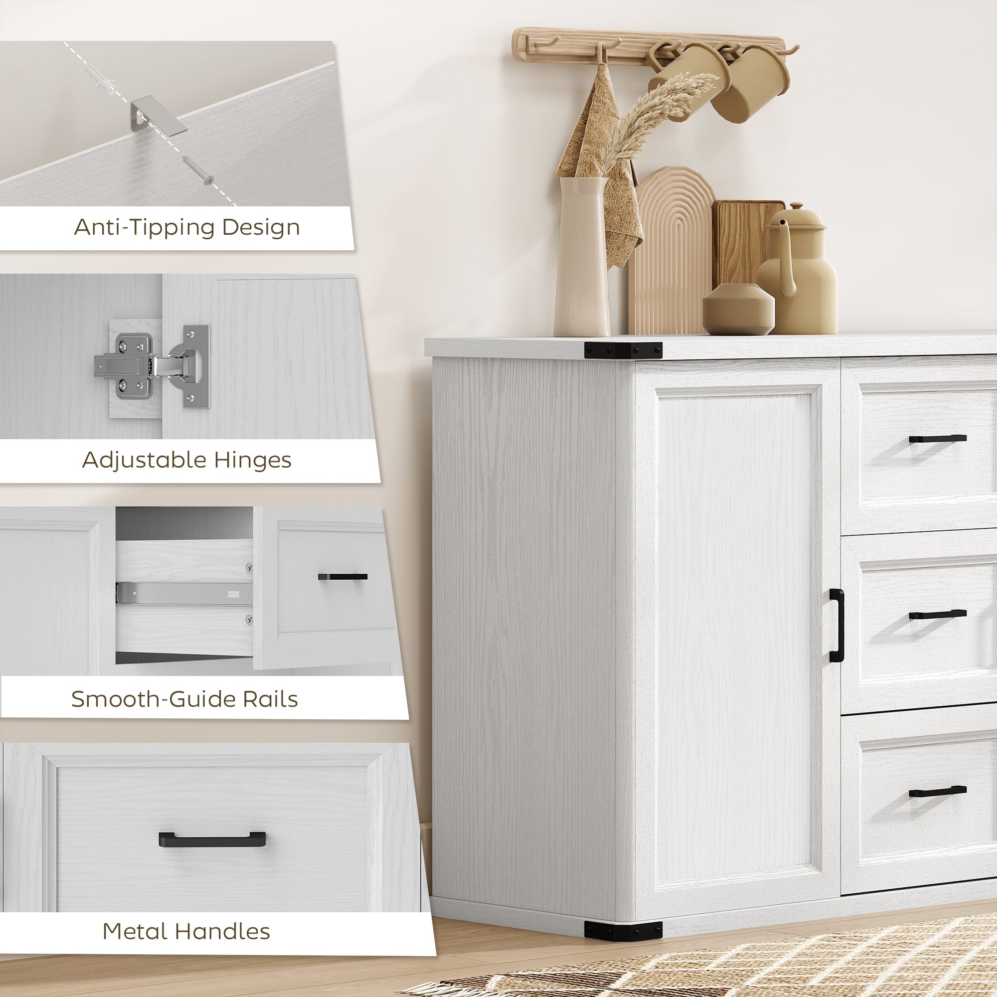 Modern Sideboard Buffet Cabinet with 3 Drawers and 2 Doors, 47" Coffee Bar Cabinet with Adjustable Shelves for Kitchen, White Wood Grain