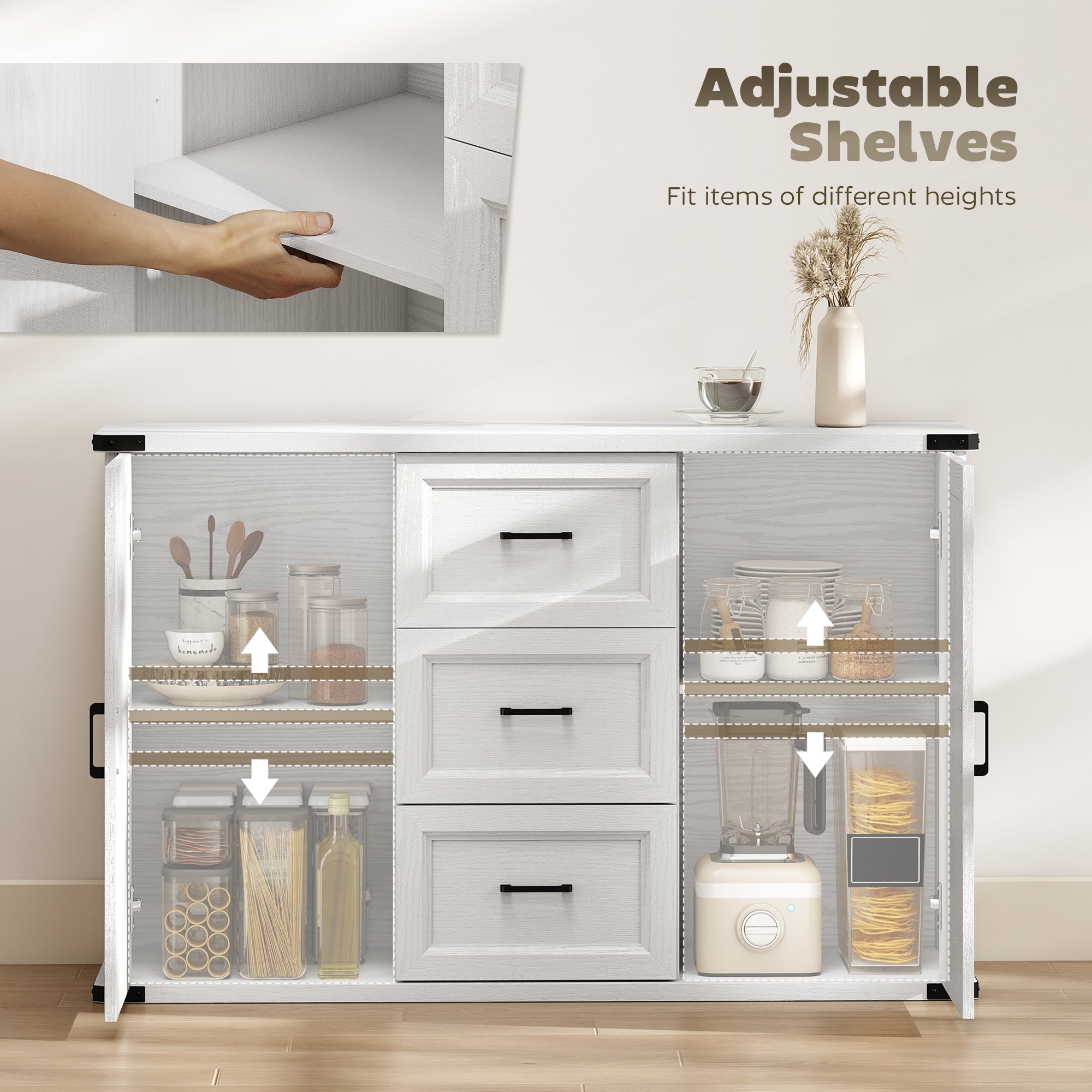Modern Sideboard Buffet Cabinet with 3 Drawers and 2 Doors, 47" Coffee Bar Cabinet with Adjustable Shelves for Kitchen, White Wood Grain