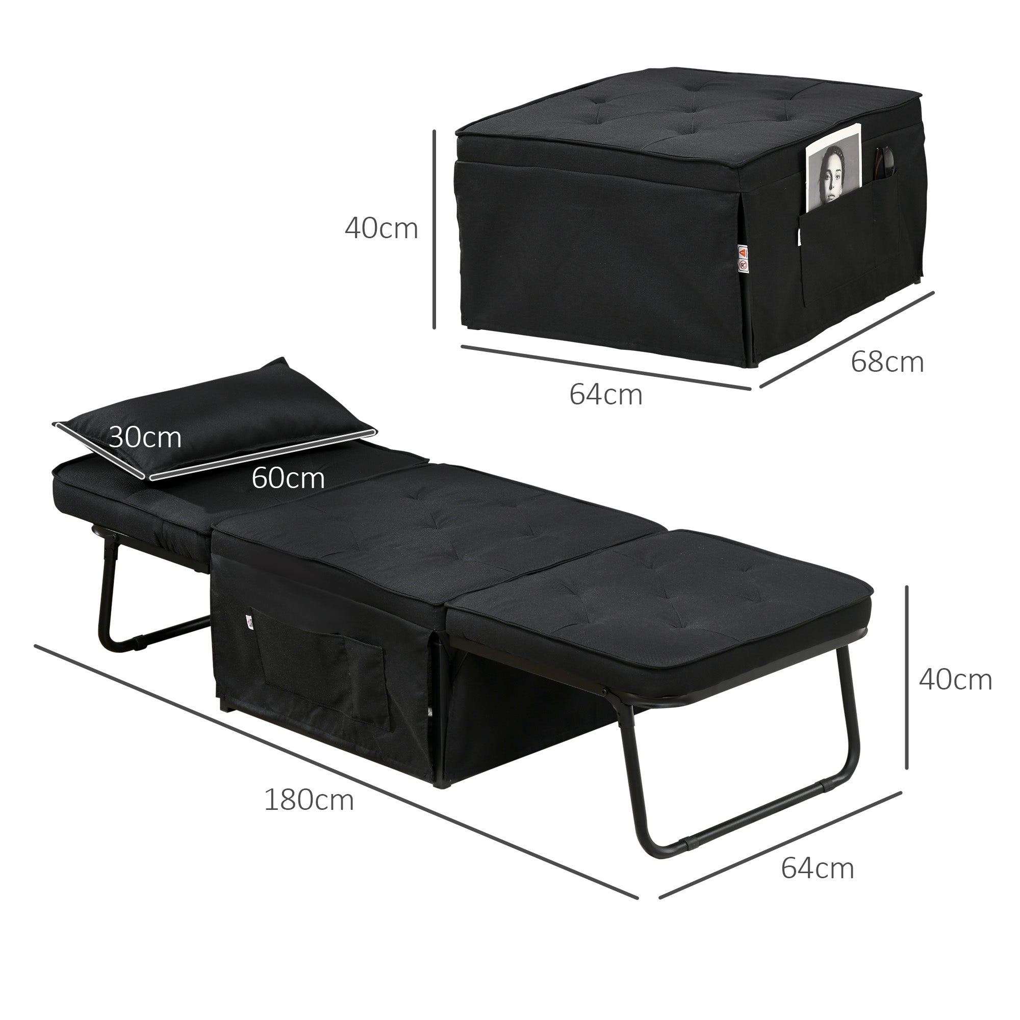 HOMCOM Folding Chair Bed, 4-in-1 Convertible Sleeper Chair with Adjustable Backrest, Pillow, Side Pockets, Armchair for Bedroom, Living Room, Black