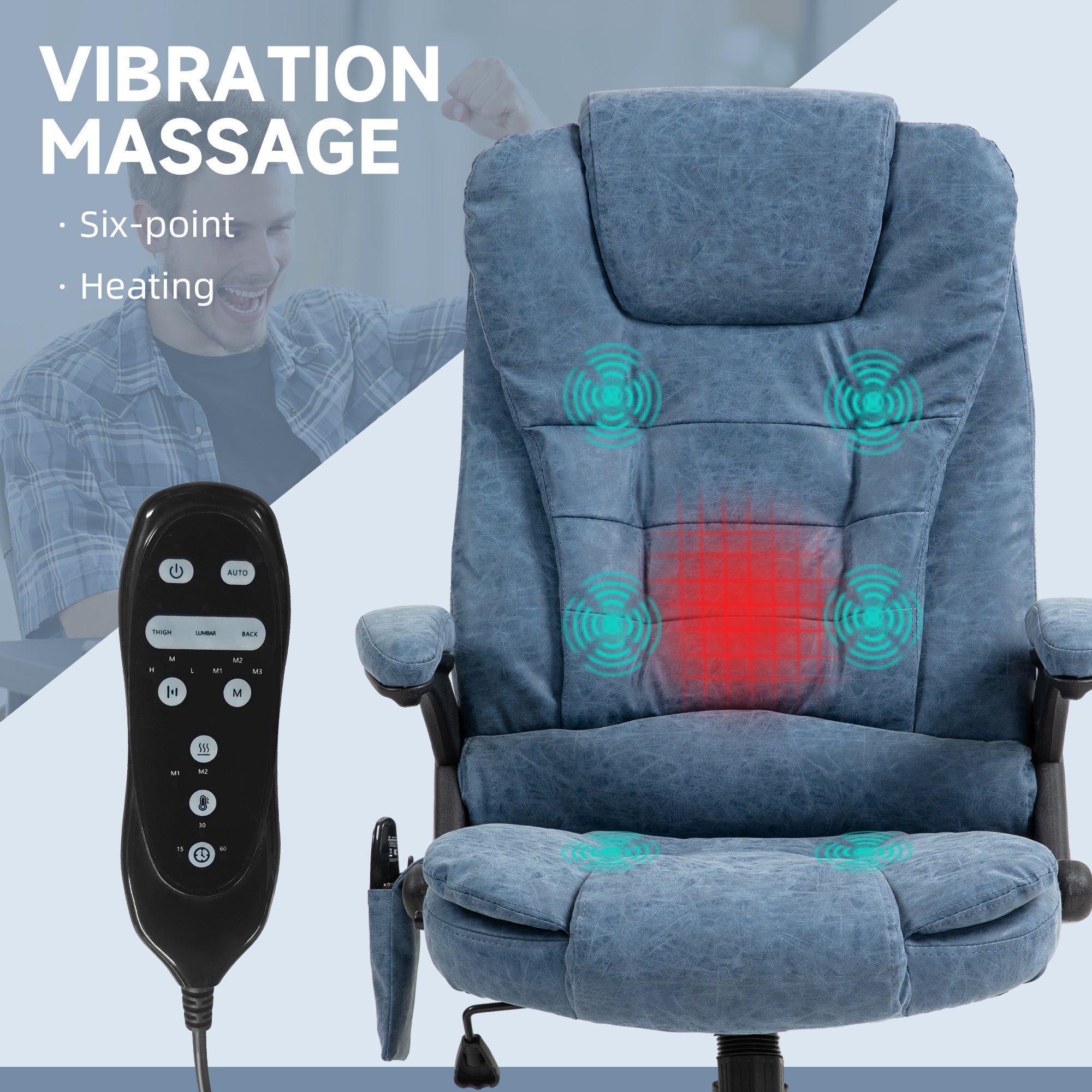 Heated Massage Office Chair with 6 Vibration Points, Armrest and Remote, Blue