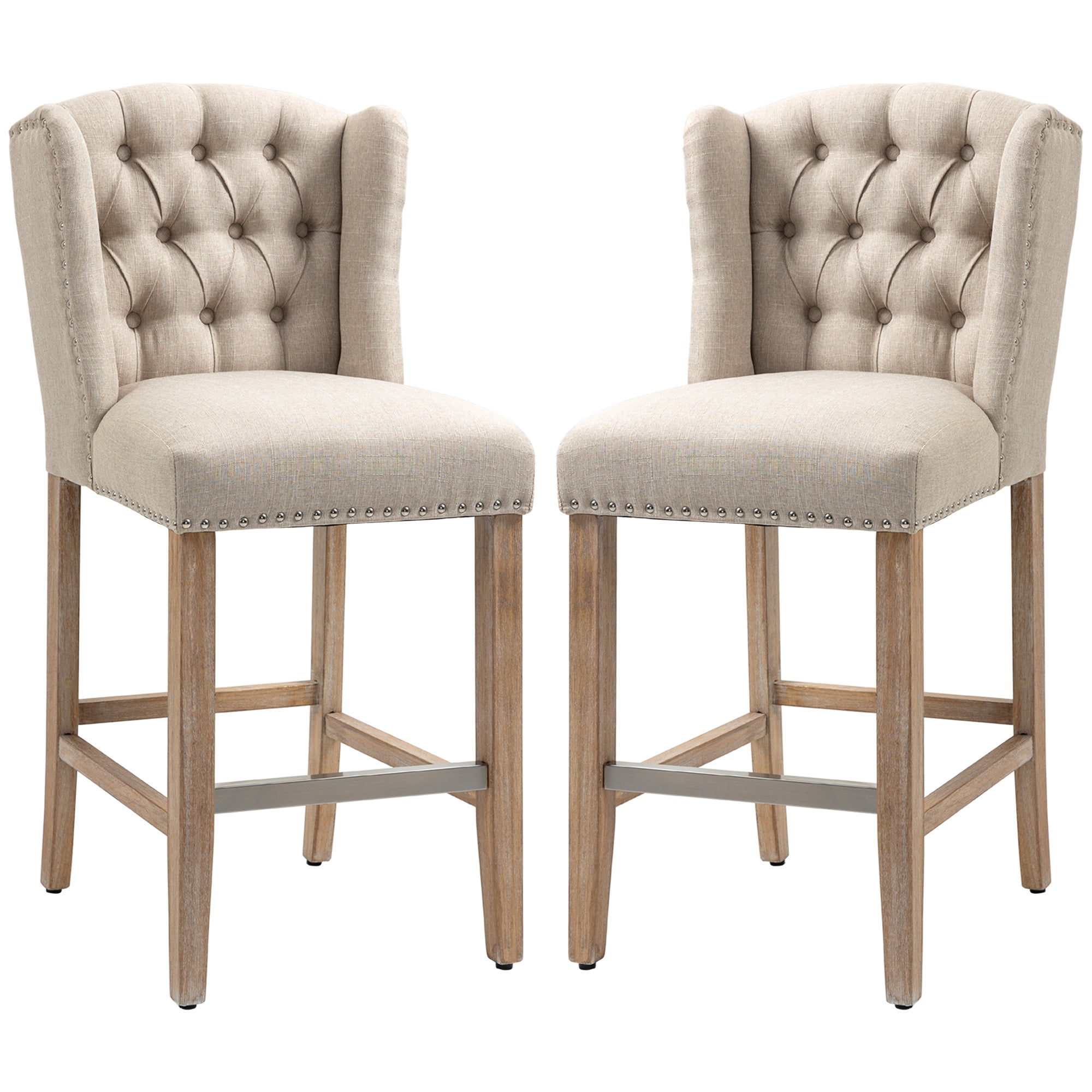 27" Counter Height Bar Stools Set of 2, Upholstered Barstools w/ Tufted Back, Beige