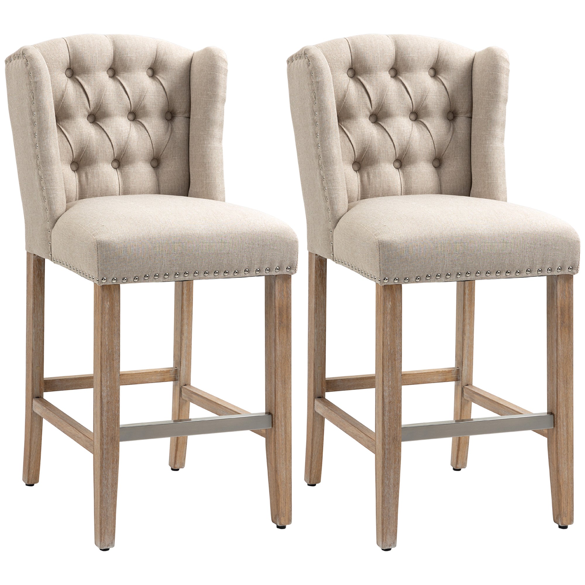 27" Counter Height Bar Stools Set of 2, Upholstered Barstools w/ Tufted Back, Beige