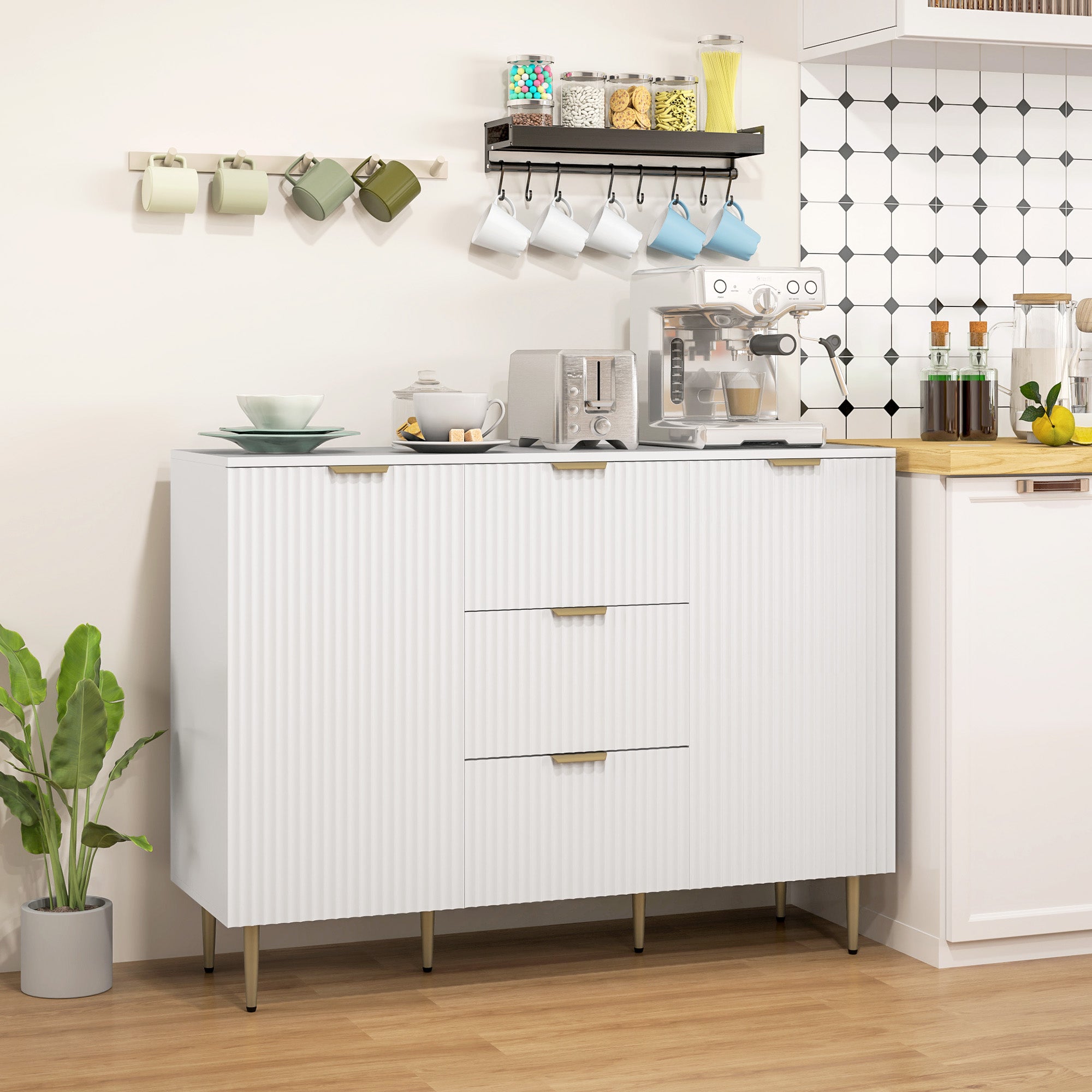 HOMCOM Sideboard Buffet Cabinet, Modern Kitchen Storage Cabinet with 3 Drawers and Adjustable Shelves, Pantry Cabinet with Metal Legs for Kitchen Hallway, White