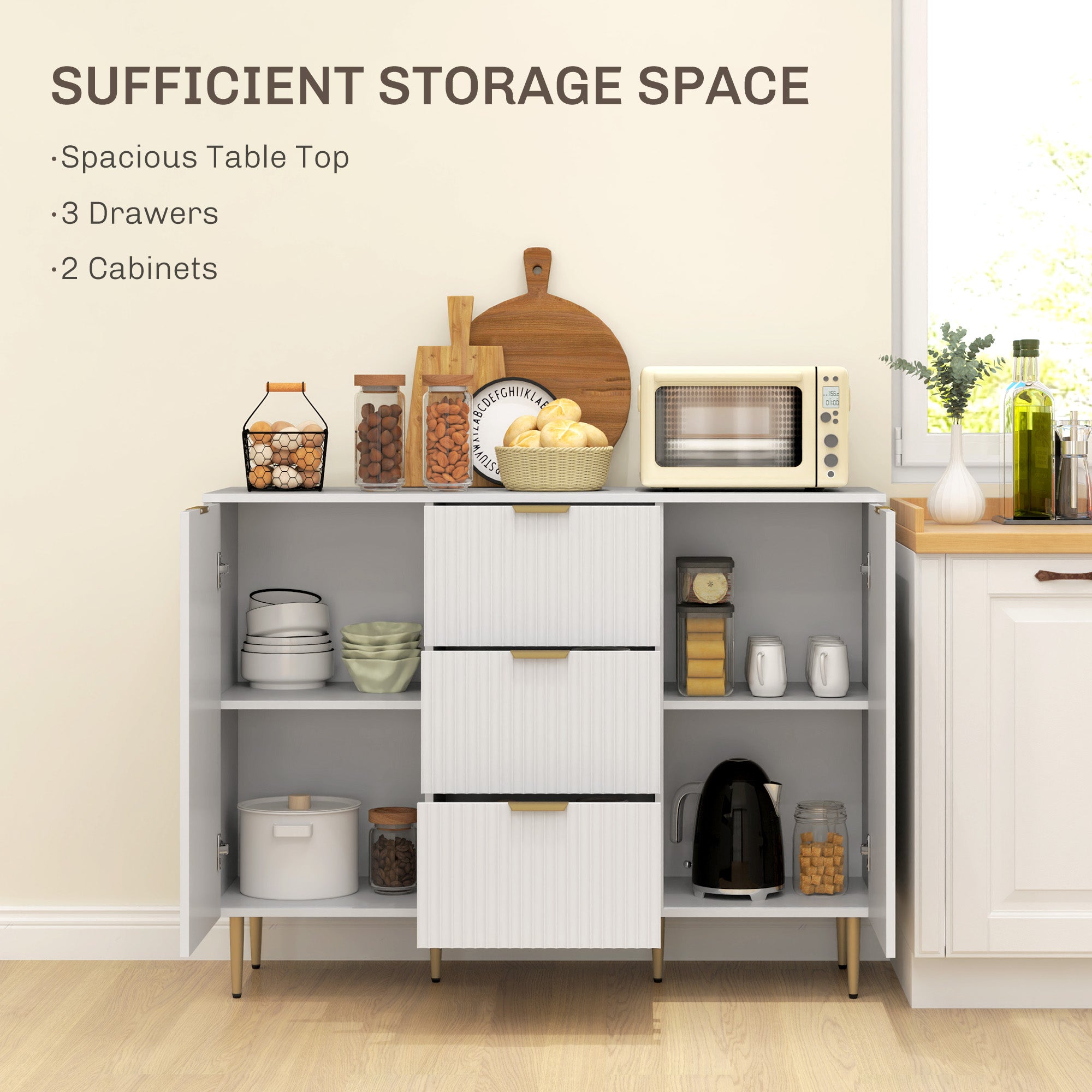 HOMCOM Sideboard Buffet Cabinet, Modern Kitchen Storage Cabinet with 3 Drawers and Adjustable Shelves, Pantry Cabinet with Metal Legs for Kitchen Hallway, White