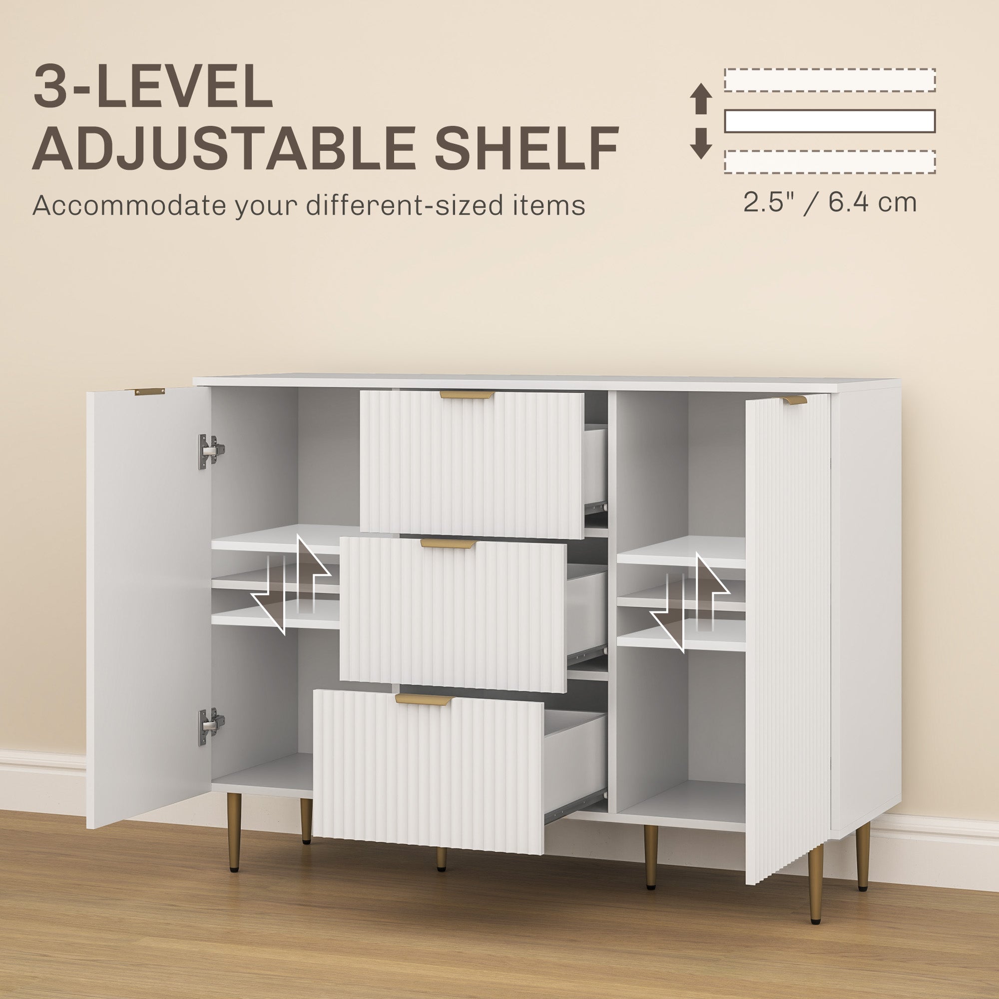 HOMCOM Sideboard Buffet Cabinet, Modern Kitchen Storage Cabinet with 3 Drawers and Adjustable Shelves, Pantry Cabinet with Metal Legs for Kitchen Hallway, White
