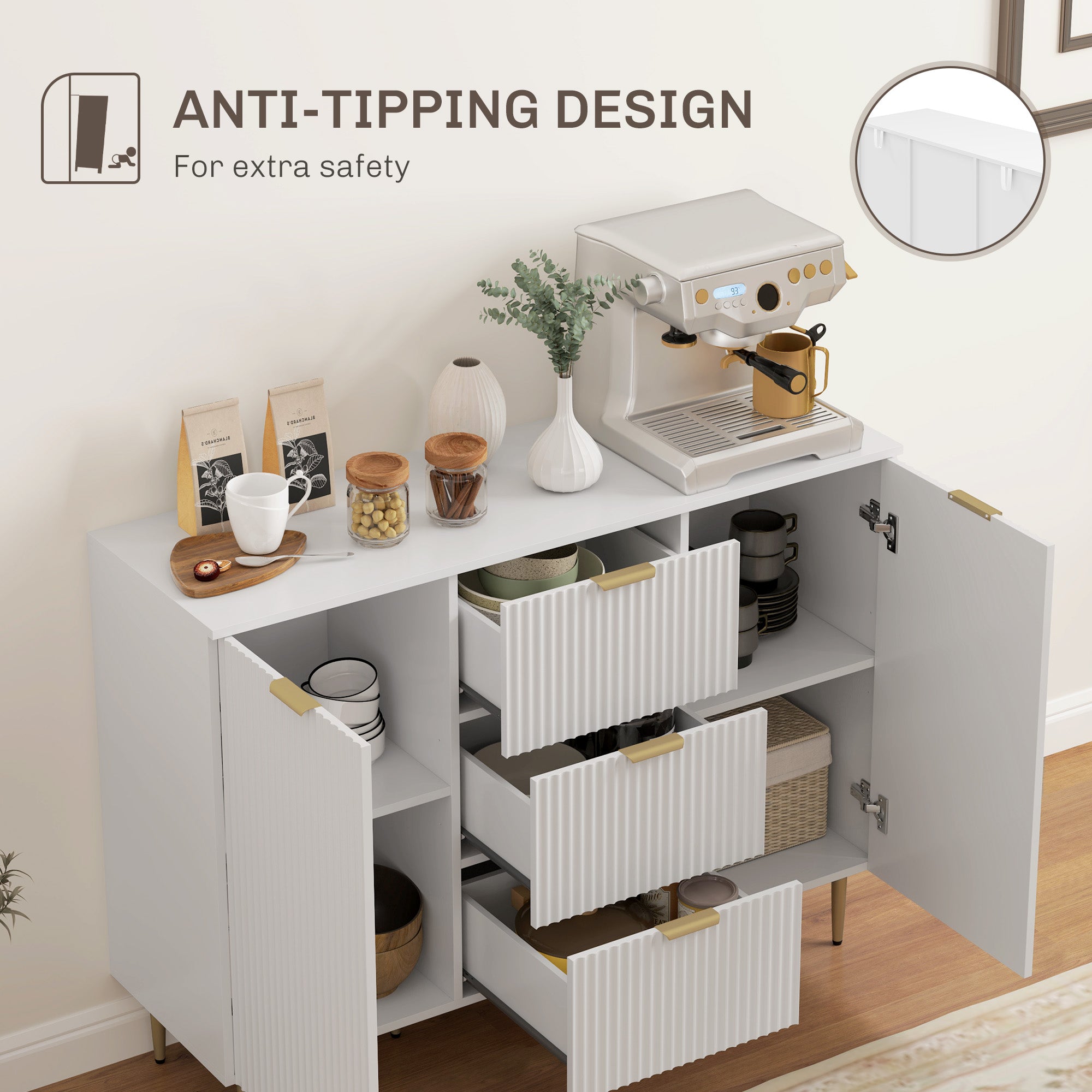 HOMCOM Sideboard Buffet Cabinet, Modern Kitchen Storage Cabinet with 3 Drawers and Adjustable Shelves, Pantry Cabinet with Metal Legs for Kitchen Hallway, White