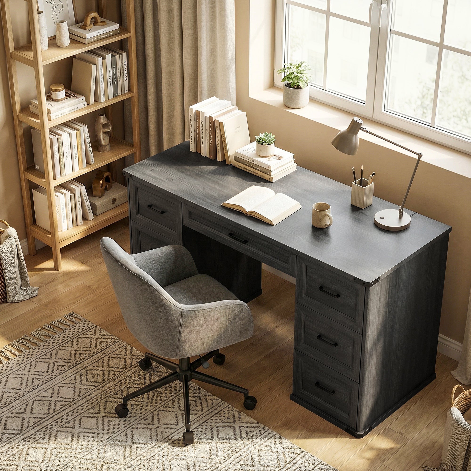 55" Farmhouse Executive Desk, Computer Desk with Drawers, Study Table for Home Office, Bedroom, Black Wood Grain