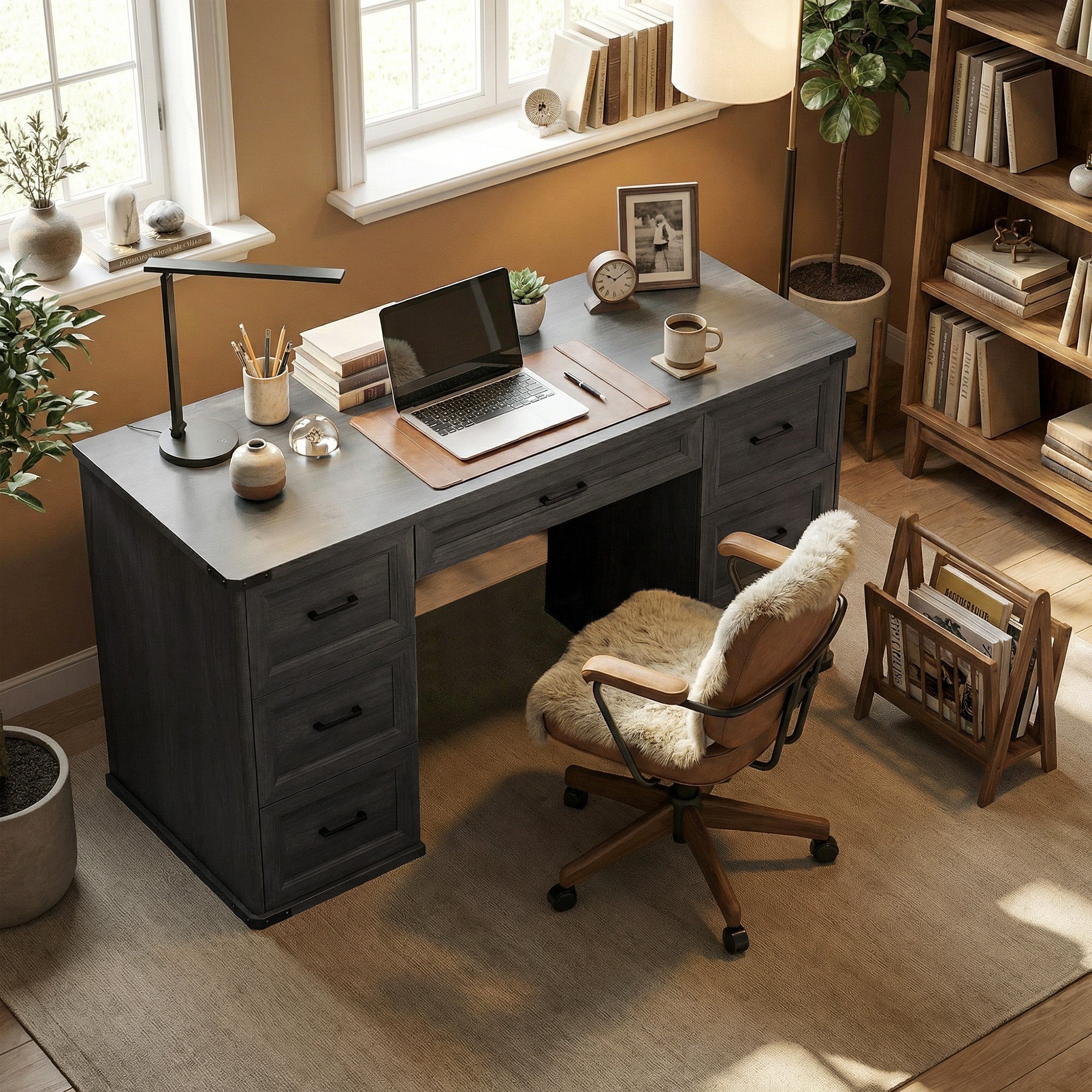 55" Farmhouse Executive Desk, Computer Desk with Drawers, Study Table for Home Office, Bedroom, Black Wood Grain