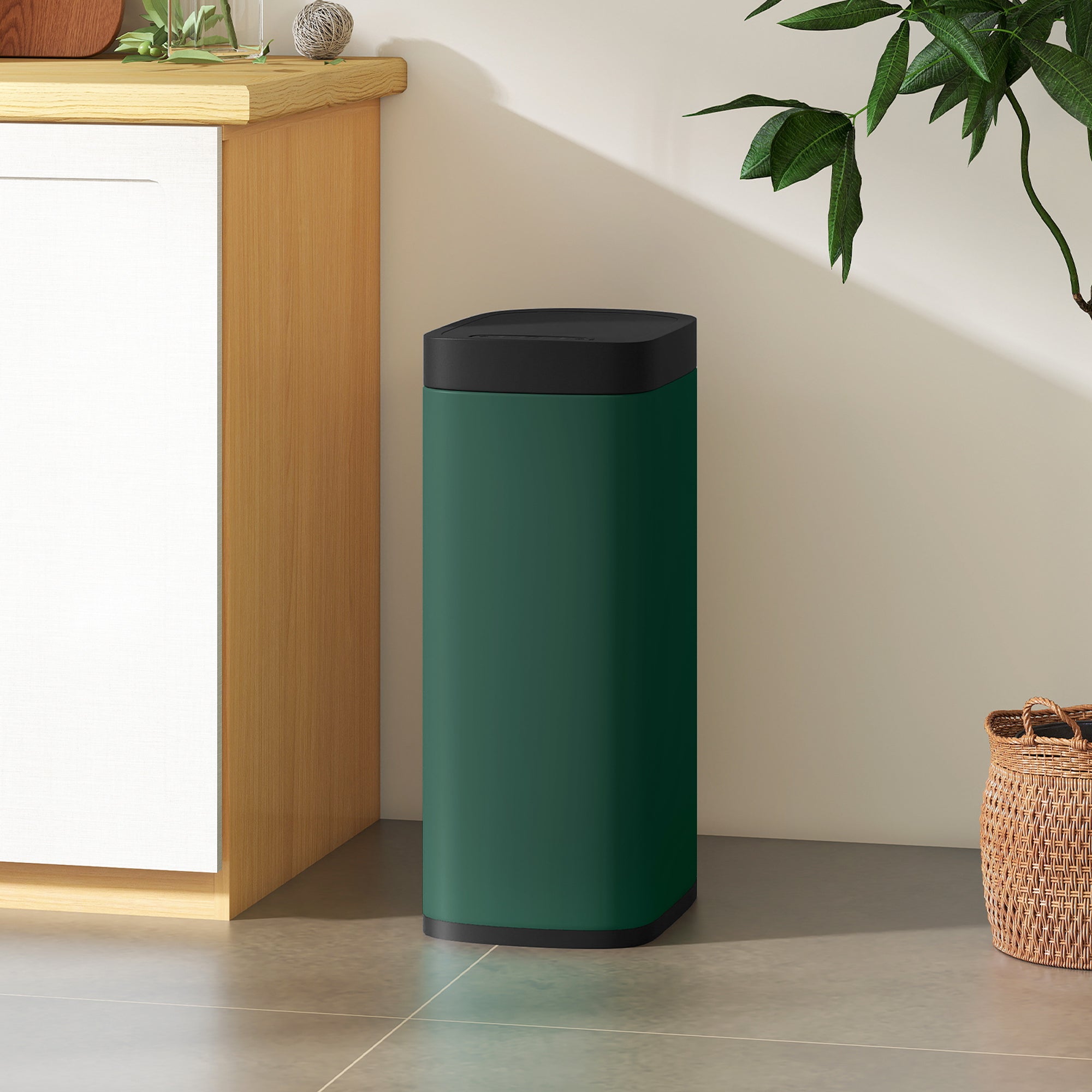 50L Sensor Bin, Automatic Touchless Kitchen Bin with Motion Sensor, Manual Override, Battery Operated, Fingerprint-Resistant, Inner-Bucket-Free, for Kitchen, Bedroom, Home Office, Dark Green