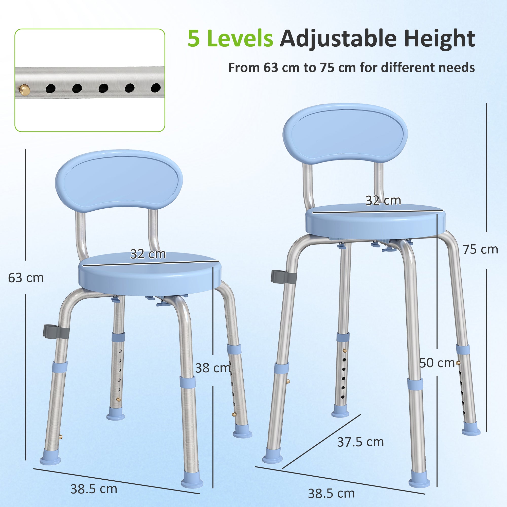 360° Swivel Shower Stool, Rotating Round Bath Seat Chair with Aluminium Frame, 5-Level Adjustable Height and Backrest, Non-Slip Shower Chair for Elderly, Disabled & Post-Surgery