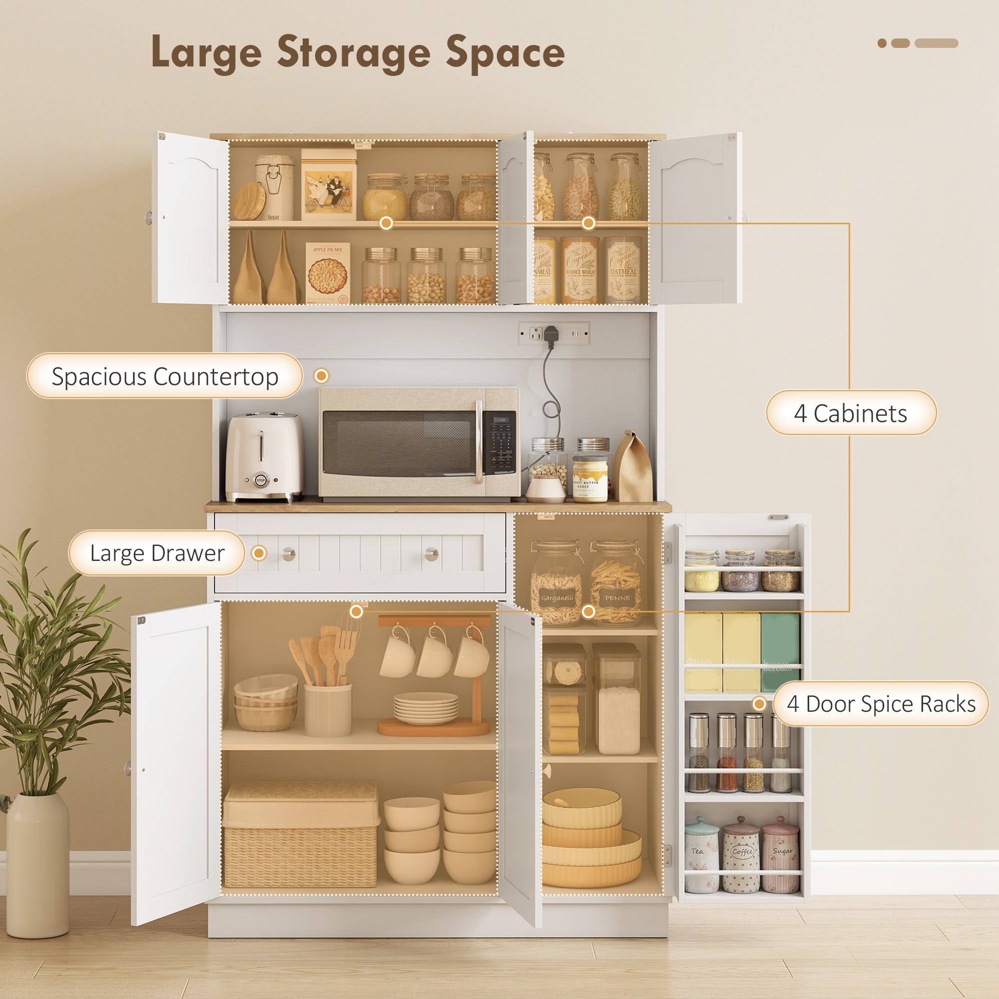 173 cm Tall Kitchen Cupboard with Charging Station, Pantry Storage Cabinet with Microwave Stand, Adjustable Shelves, 4 Door Racks, Farmhouse Kitchen Cabinet for Dining Room, White