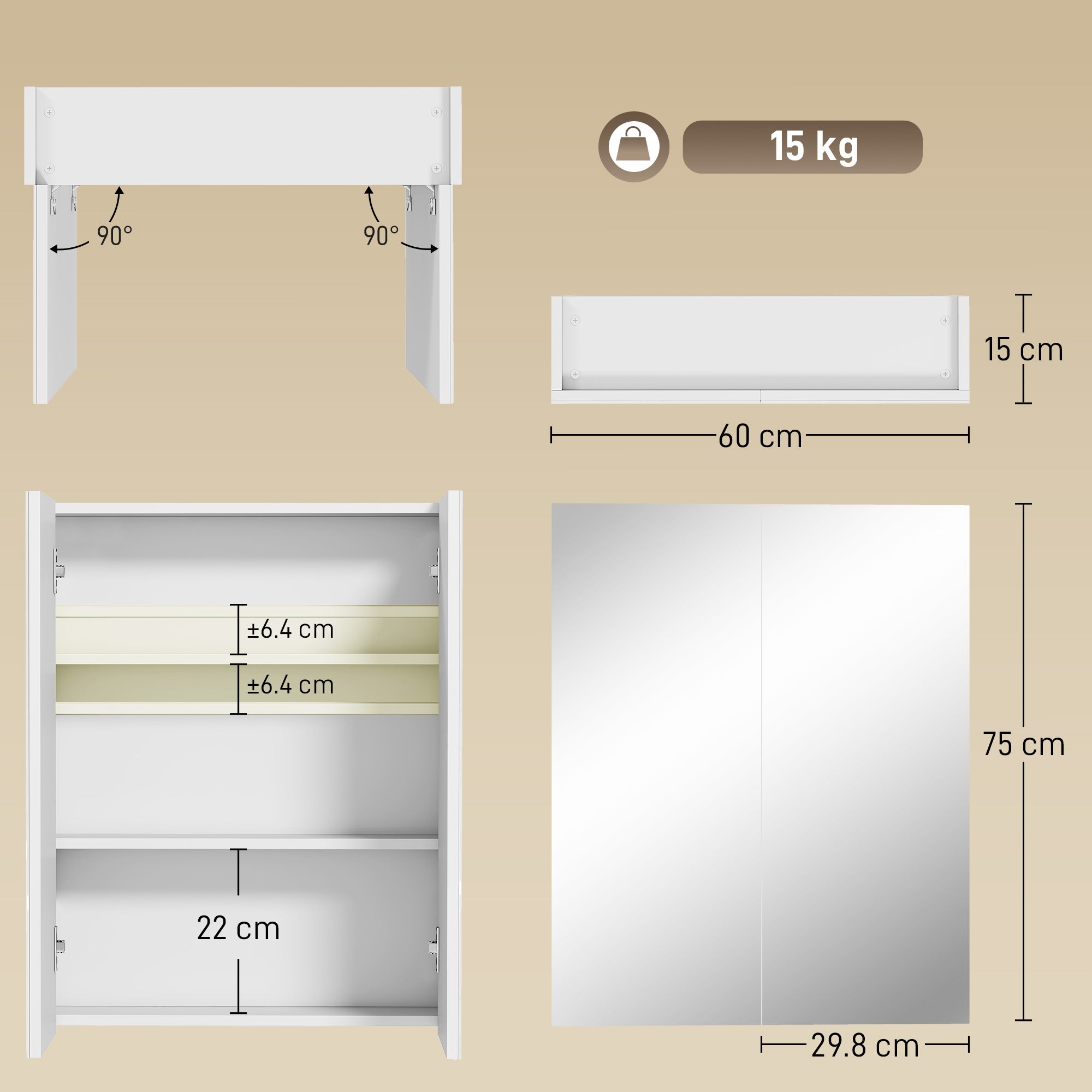 Bathroom Mirror Cabinet, 3-Tier Wall Mount Bathroom Storage Cabinet with Soft-Close Hinges and Adjustable Shelf, Double Door Cupboard, 60W x 15D x 75H cm, White