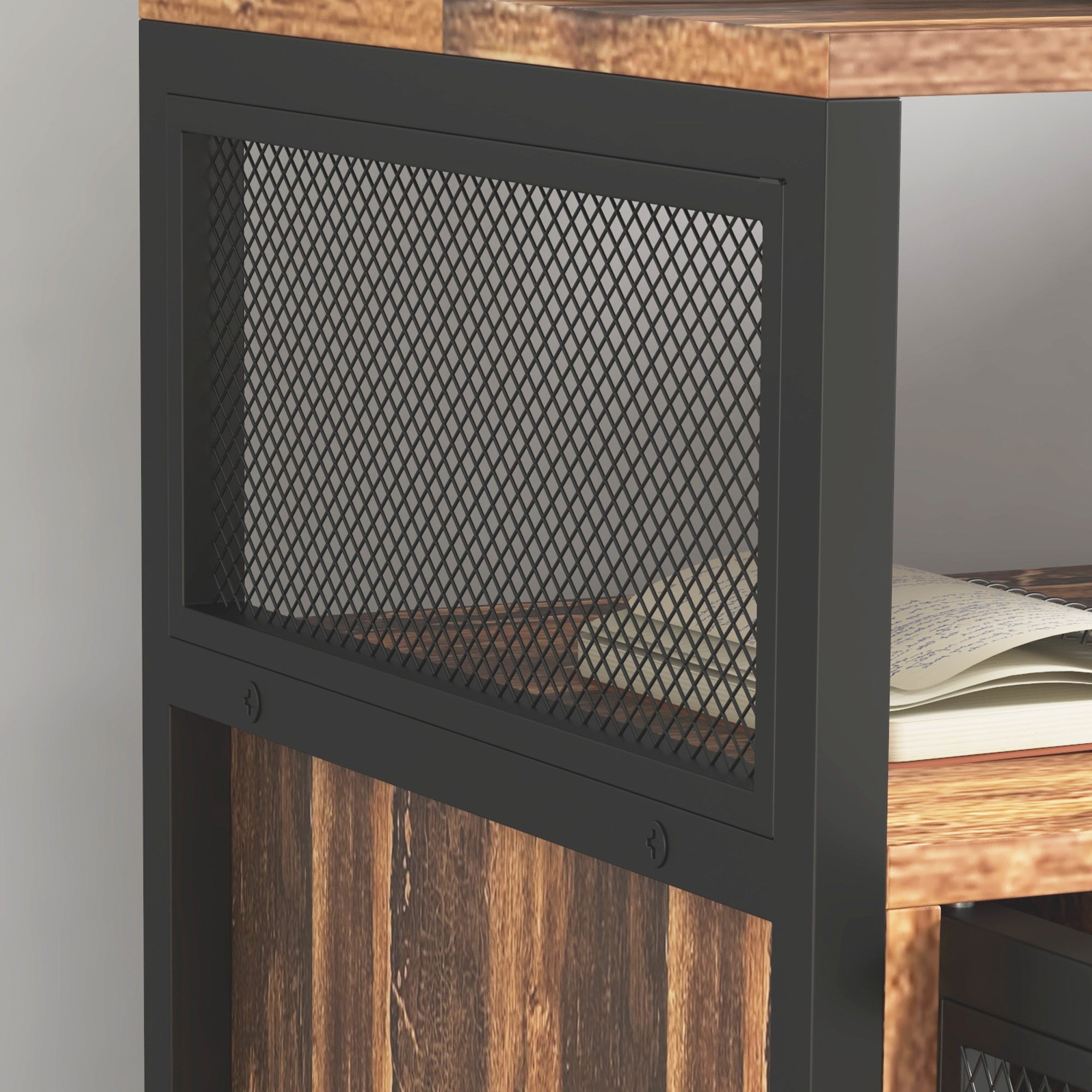 Industrial Mobile Printer Stand with Socket & USB Charging Ports, Rustic Brown