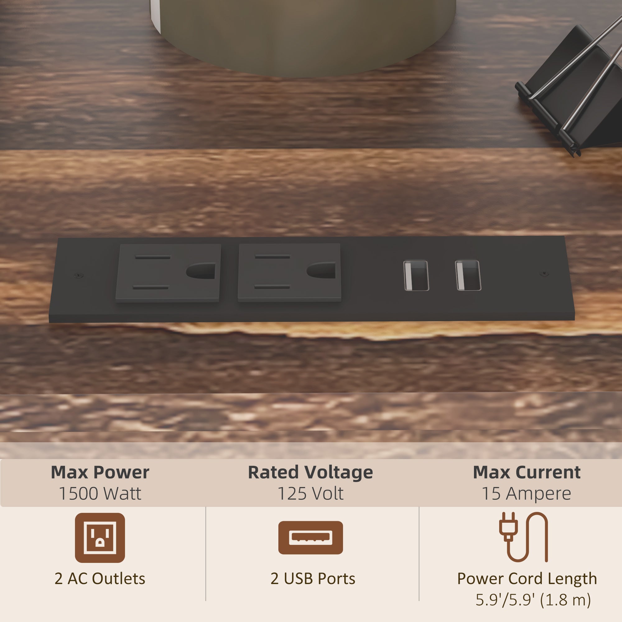 Industrial Mobile Printer Stand with Socket & USB Charging Ports, Rustic Brown