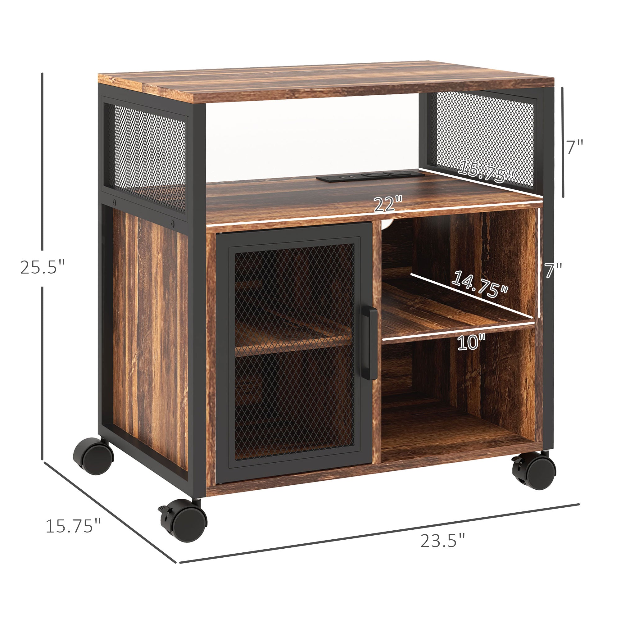 Industrial Mobile Printer Stand with Socket & USB Charging Ports, Rustic Brown