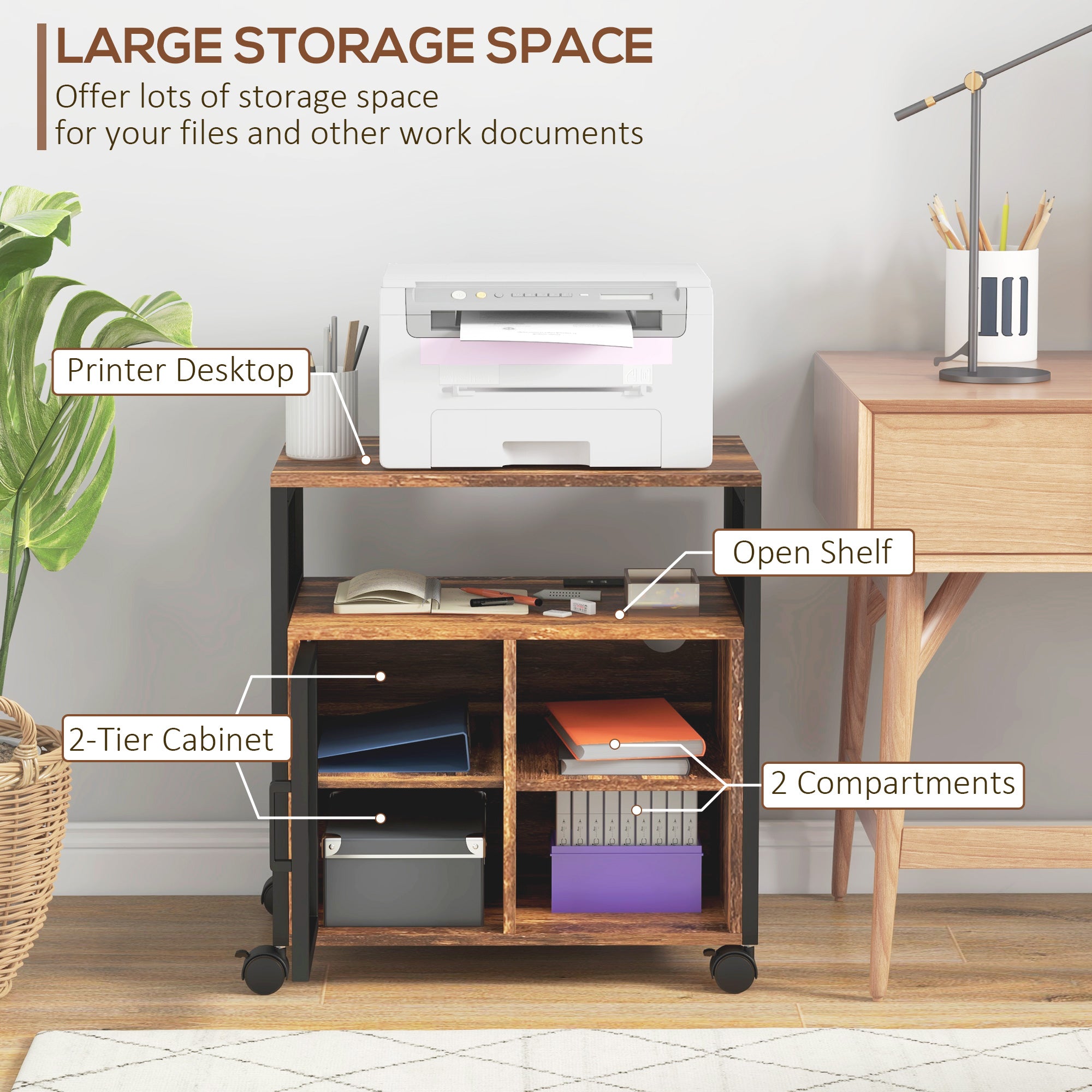 Industrial Mobile Printer Stand with Socket & USB Charging Ports, Rustic Brown