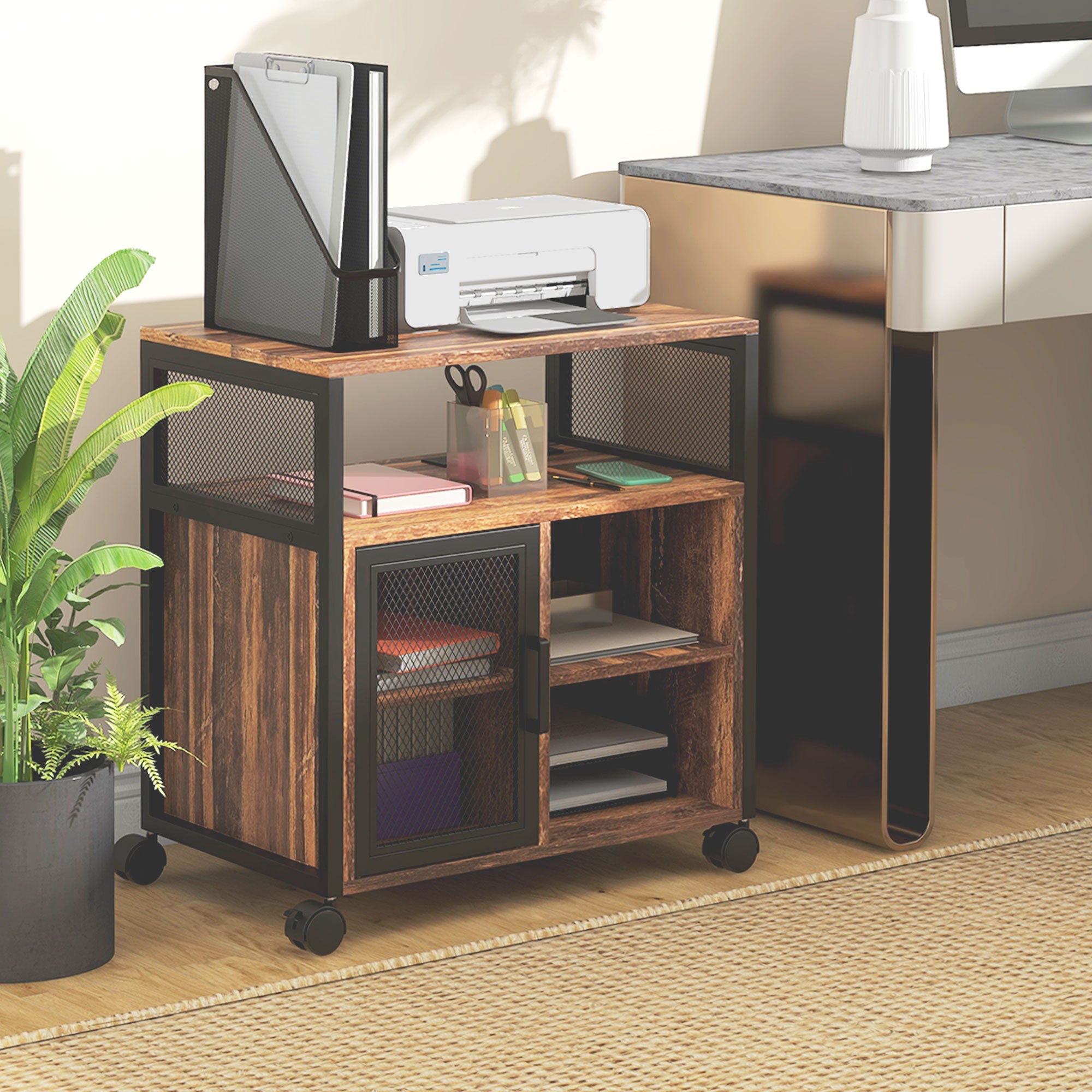 Industrial Mobile Printer Stand with Socket & USB Charging Ports, Rustic Brown