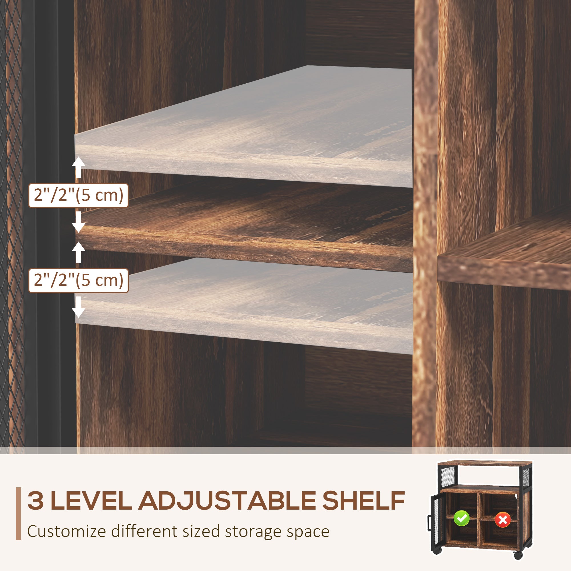 Industrial Mobile Printer Stand with Socket & USB Charging Ports, Rustic Brown