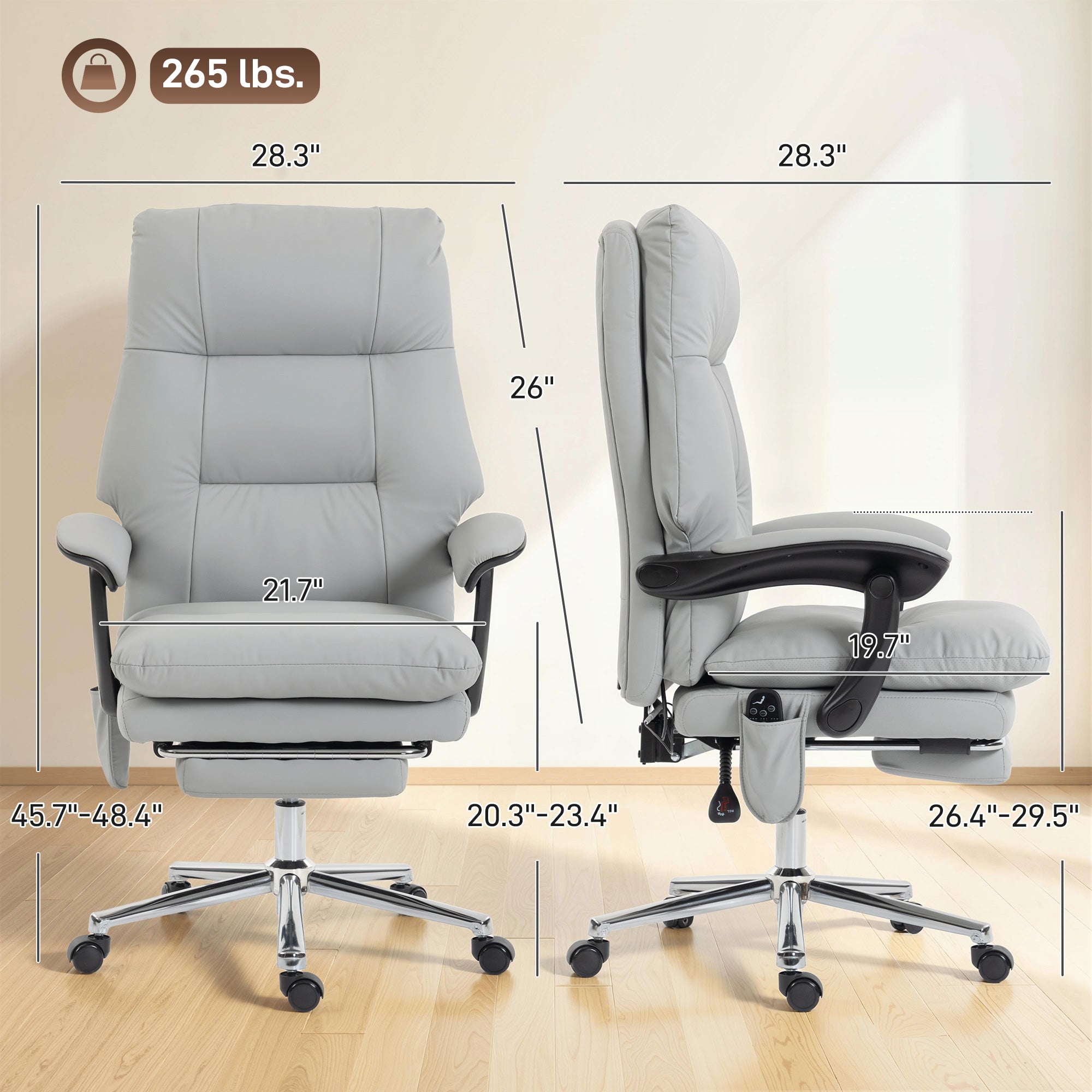 Massage Office Chair with 6-Point Vibration, Pet-Friendly Faux Leather Ergonomic Executive Desk Chair with Double-Layer Spring Cushions, Wide Seat, High Back, Reclining, Footrest, Light Gray