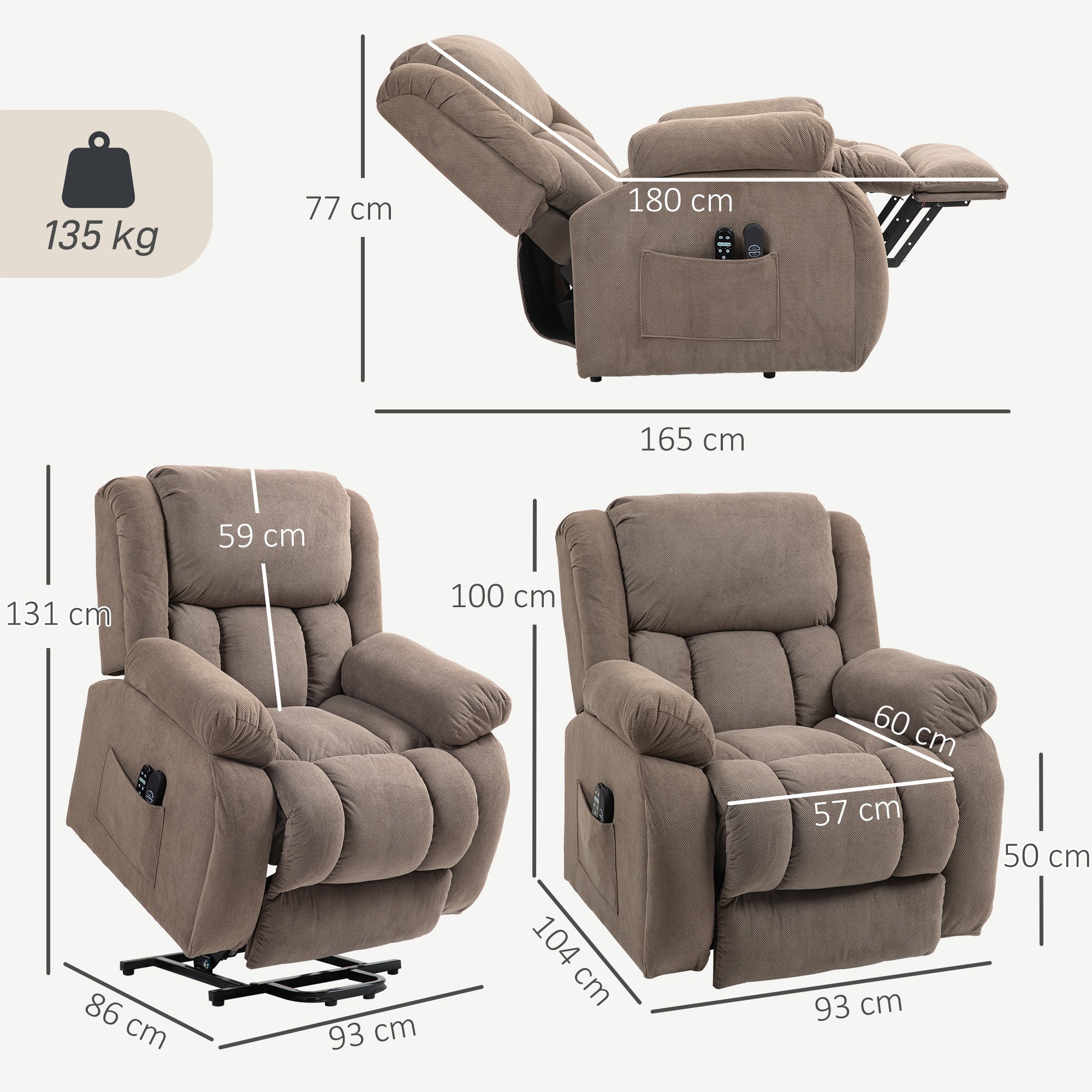Recliner Armchair Lift Chair with Vibration Massage and Heat, Velvet-feel Fabric Electric Riser Recliner Chair for Elderly with Wide Seat, USB Port, Side Pockets for Living Room, Light Brown