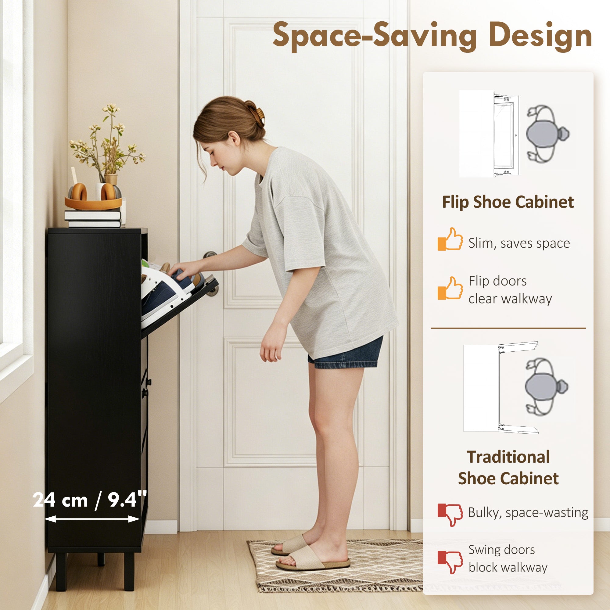 Shoe Cabinet with 4 Flip Drawers, Freestanding Narrow Shoe Storage Cabinet with Adjustable Shelves, Open Back, Bamboo Legs for Entryway, Hallway, Holds 16-20 Pairs, Black