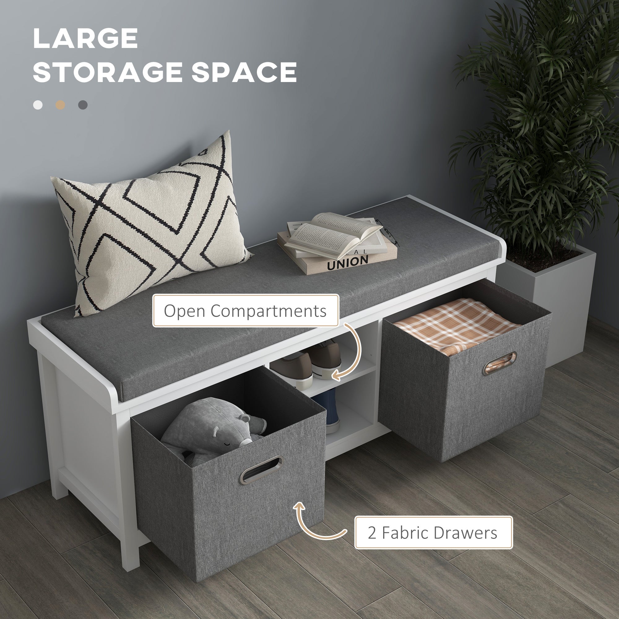 Shoe Storage Bench w/ Cushioned Seat, 2 Drawers and Adjustable Shelf, White