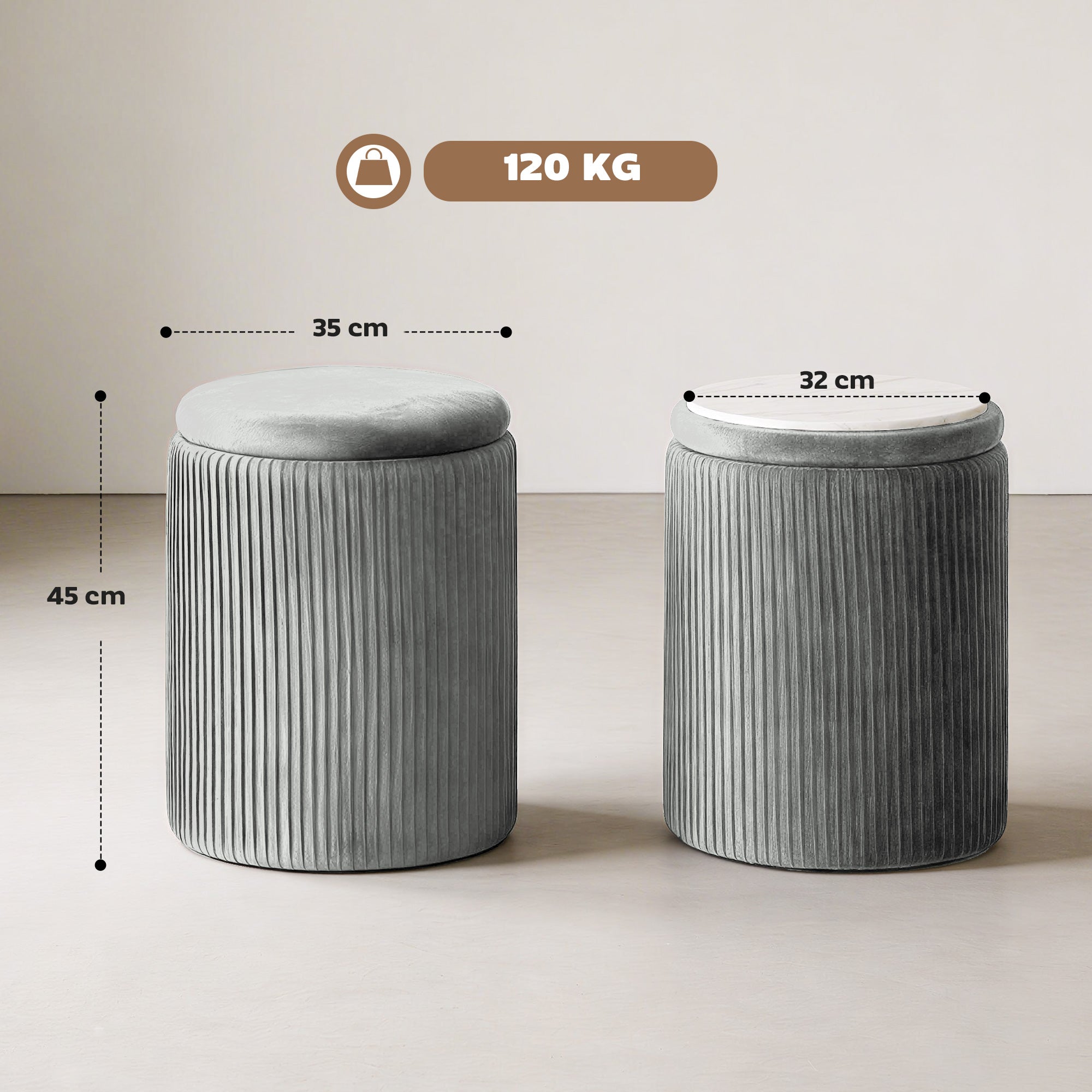 Round Storage Ottoman, Velvet-feel Fabric Upholstered Foot Stool with Removable Top, Padded Seat and Hidden Space for Living Room, Bedroom, Grey