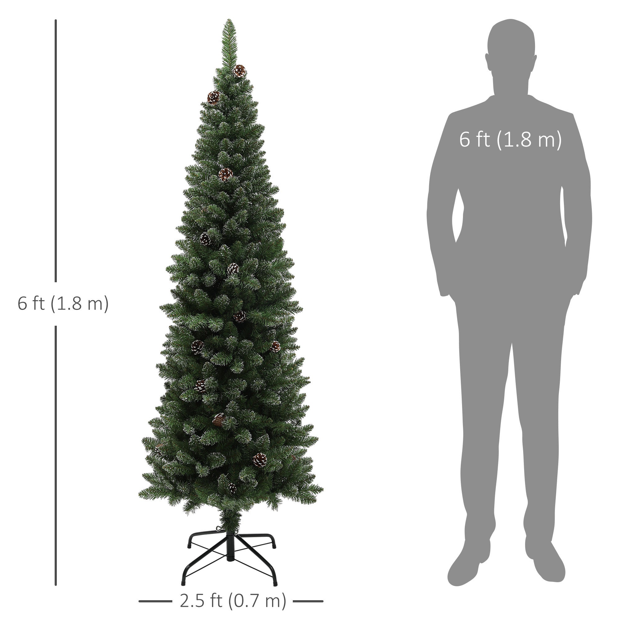 HOMCOM 6ft Artificial Pencil Christmas Tree with 618 branches, Metal Base, Realistic Xmas Tree
