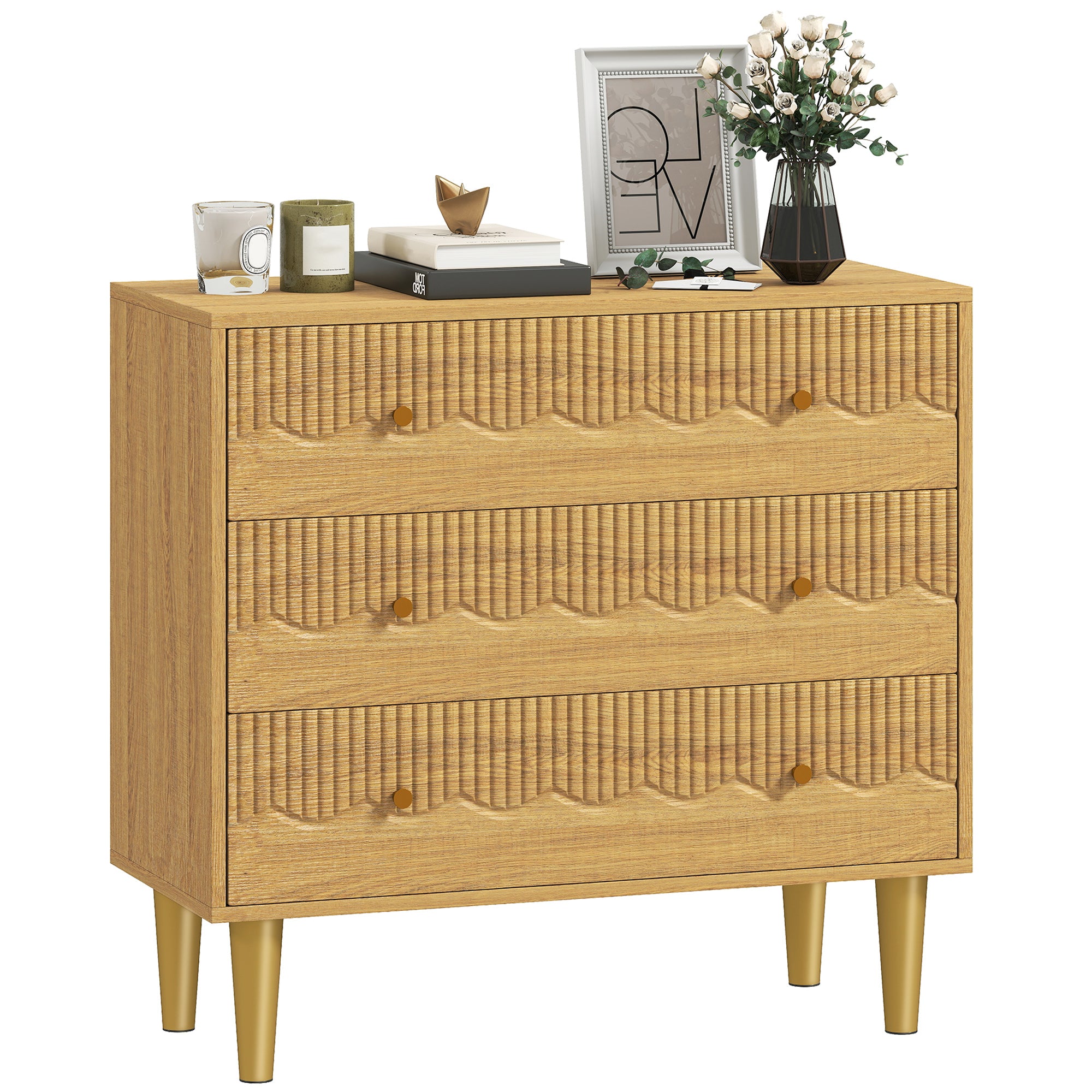 Chest of Drawers, 3 Drawer Dresser, Storage Cabinet with Steel Legs and Wooden Top for Bedroom, Living Room, Oak