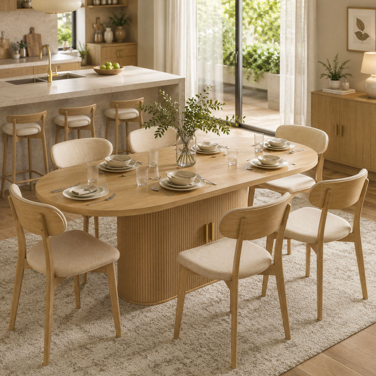 Oval Dining Table for 6 People, Modern Farmhouse Kitchen Table with Thick Tabletop, Under Cabinets and Tambour Sliding Doors for Kitchen, Dining Room, Living Room, Oak