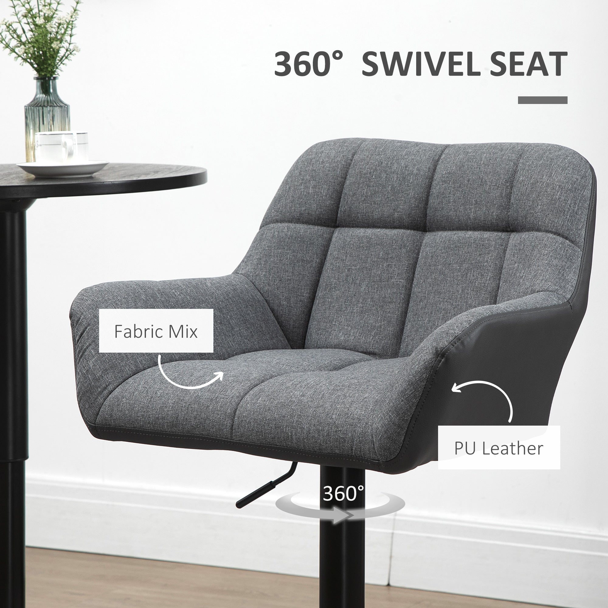 HOMCOM Adjustable Bar Stools Set of 2, Swivel Tufted Linen Fabric Barstools with Footrest and Armrests, Bar Chairs for Kitchen Counter and Dining Room, Grey