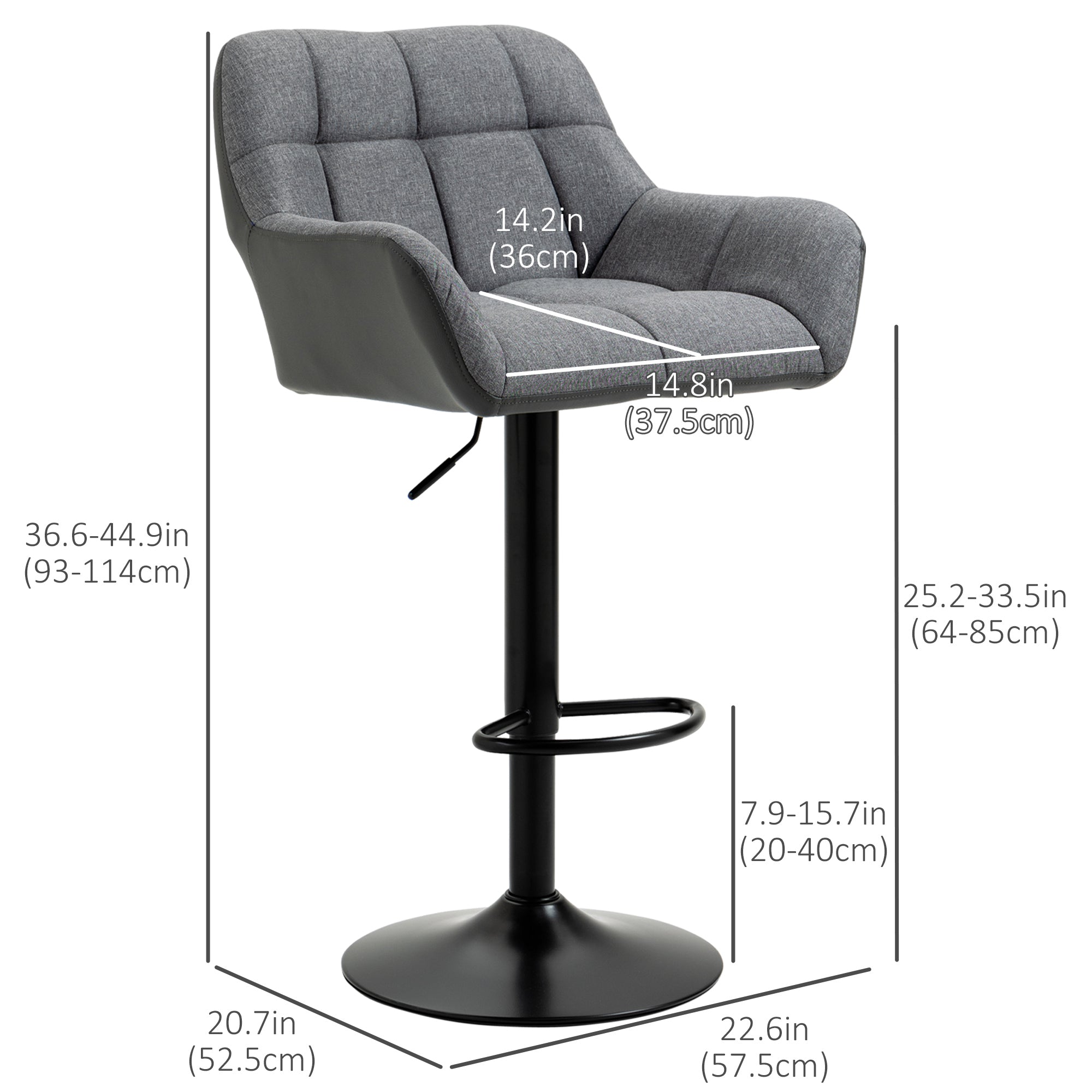 HOMCOM Adjustable Bar Stools Set of 2, Swivel Tufted Linen Fabric Barstools with Footrest and Armrests, Bar Chairs for Kitchen Counter and Dining Room, Grey