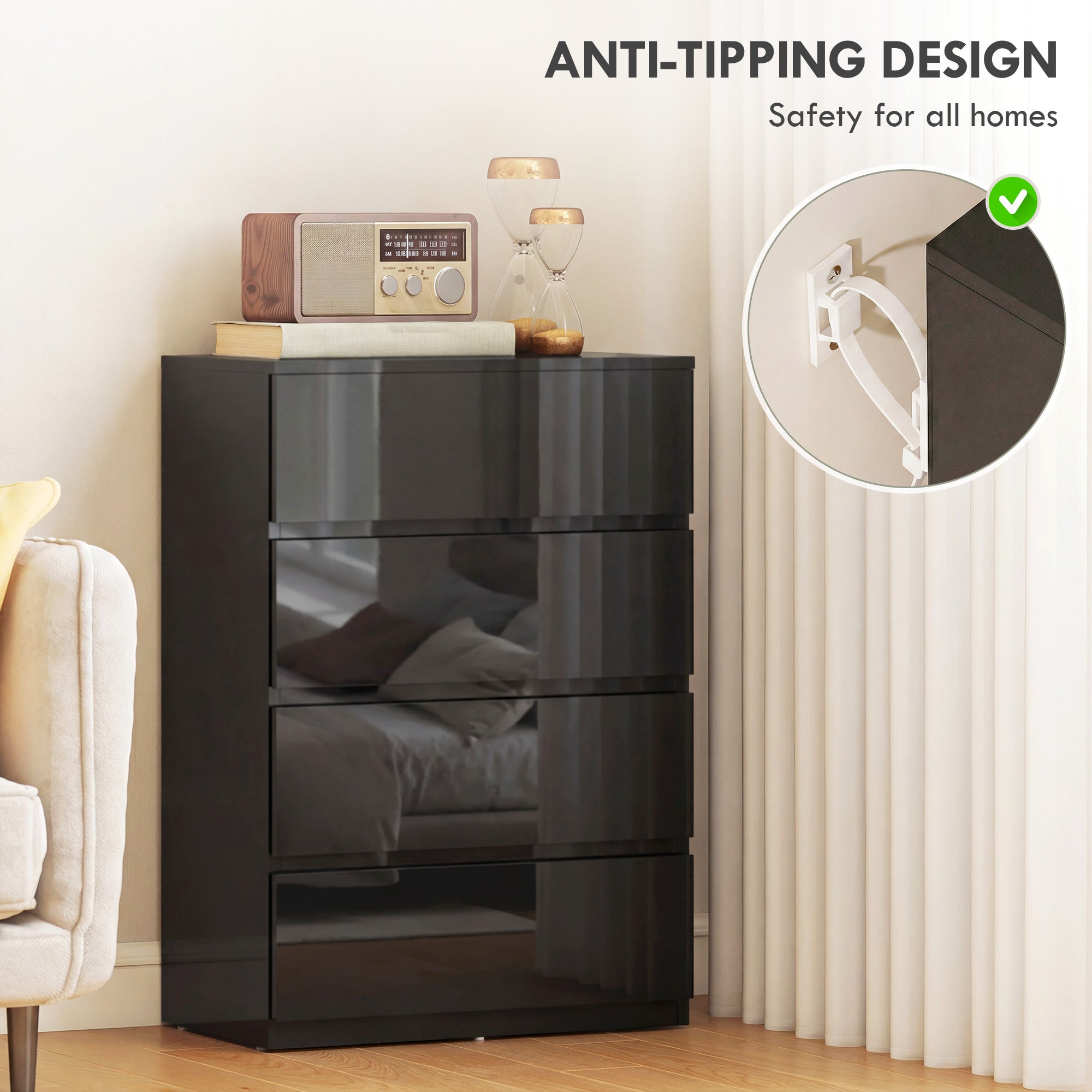 Chest of Drawers, 4 Drawers Storage Cabinet Floor Tower Cupboard for Bedroom Living Room, High Gloss Black