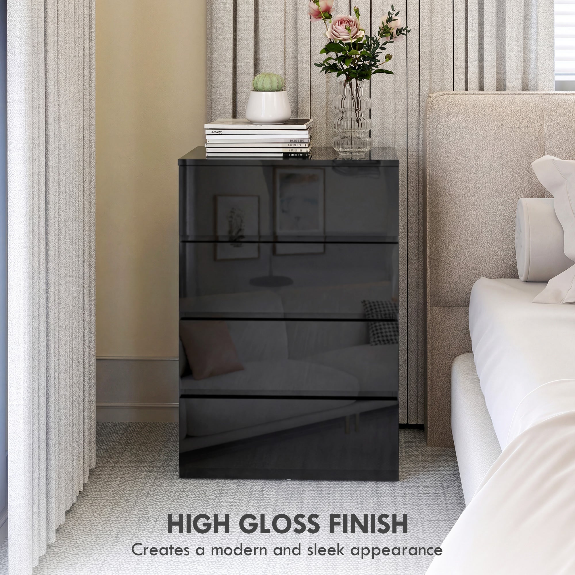 Chest of Drawers, 4 Drawers Storage Cabinet Floor Tower Cupboard for Bedroom Living Room, High Gloss Black