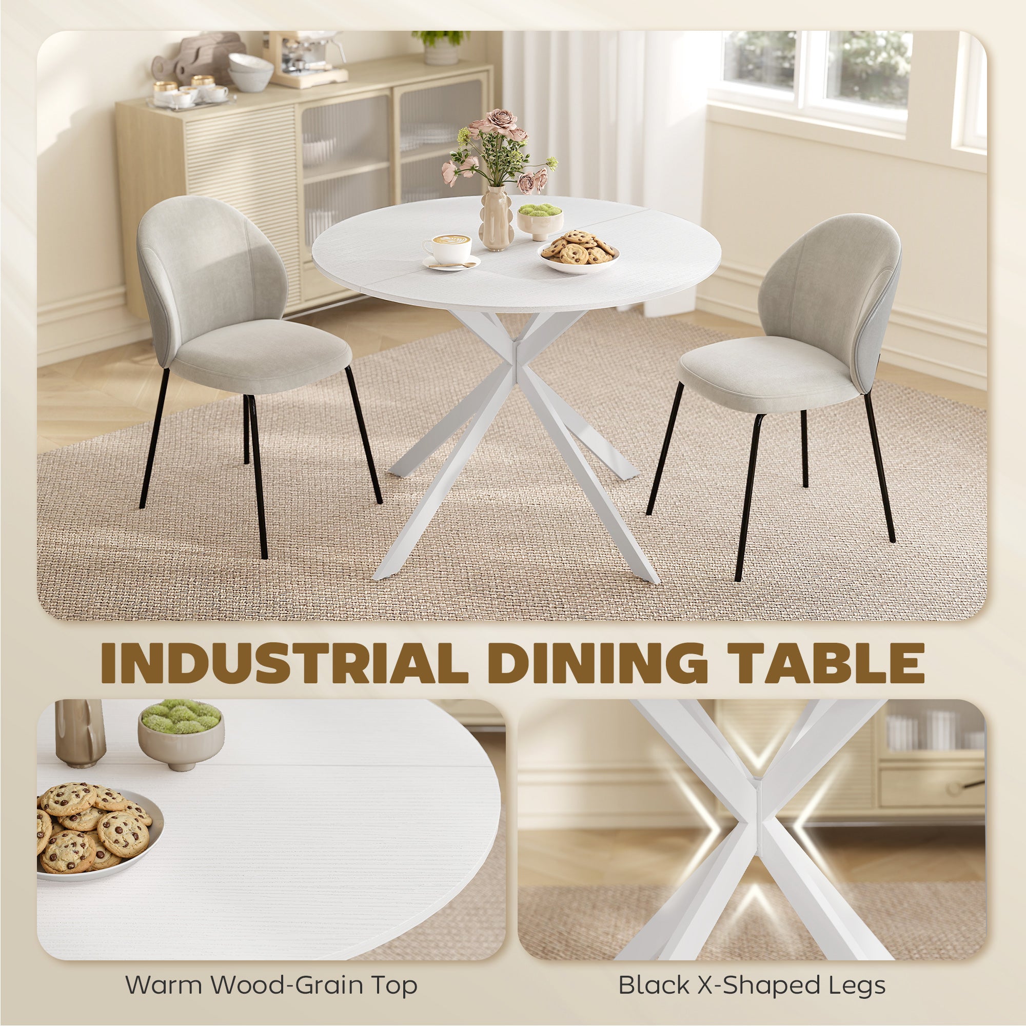 Round Dining Table for 4, 40" Industrial Kitchen Table with Steel Legs for Dining Room, White Oak