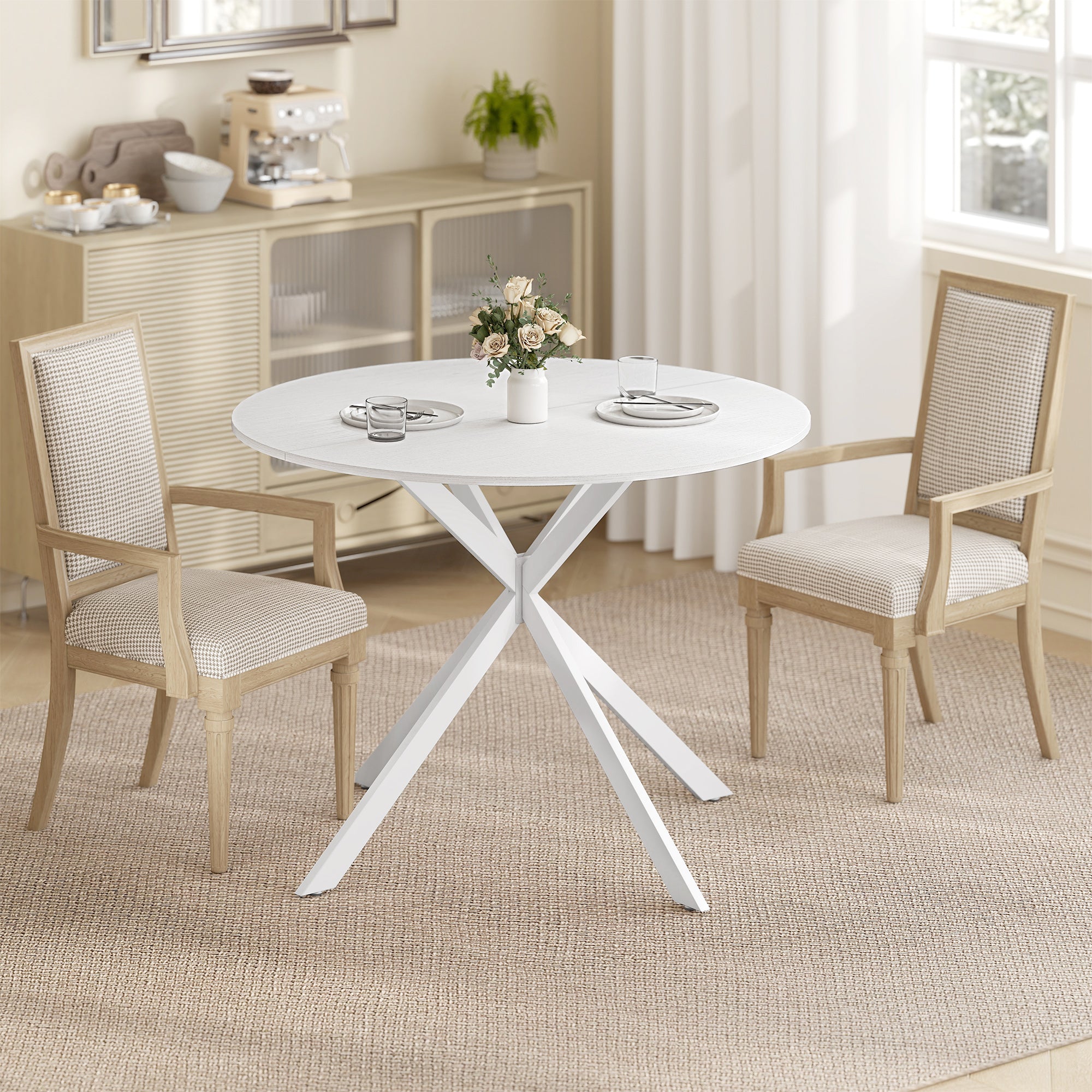 Round Dining Table for 4, 40" Industrial Kitchen Table with Steel Legs for Dining Room, White Oak