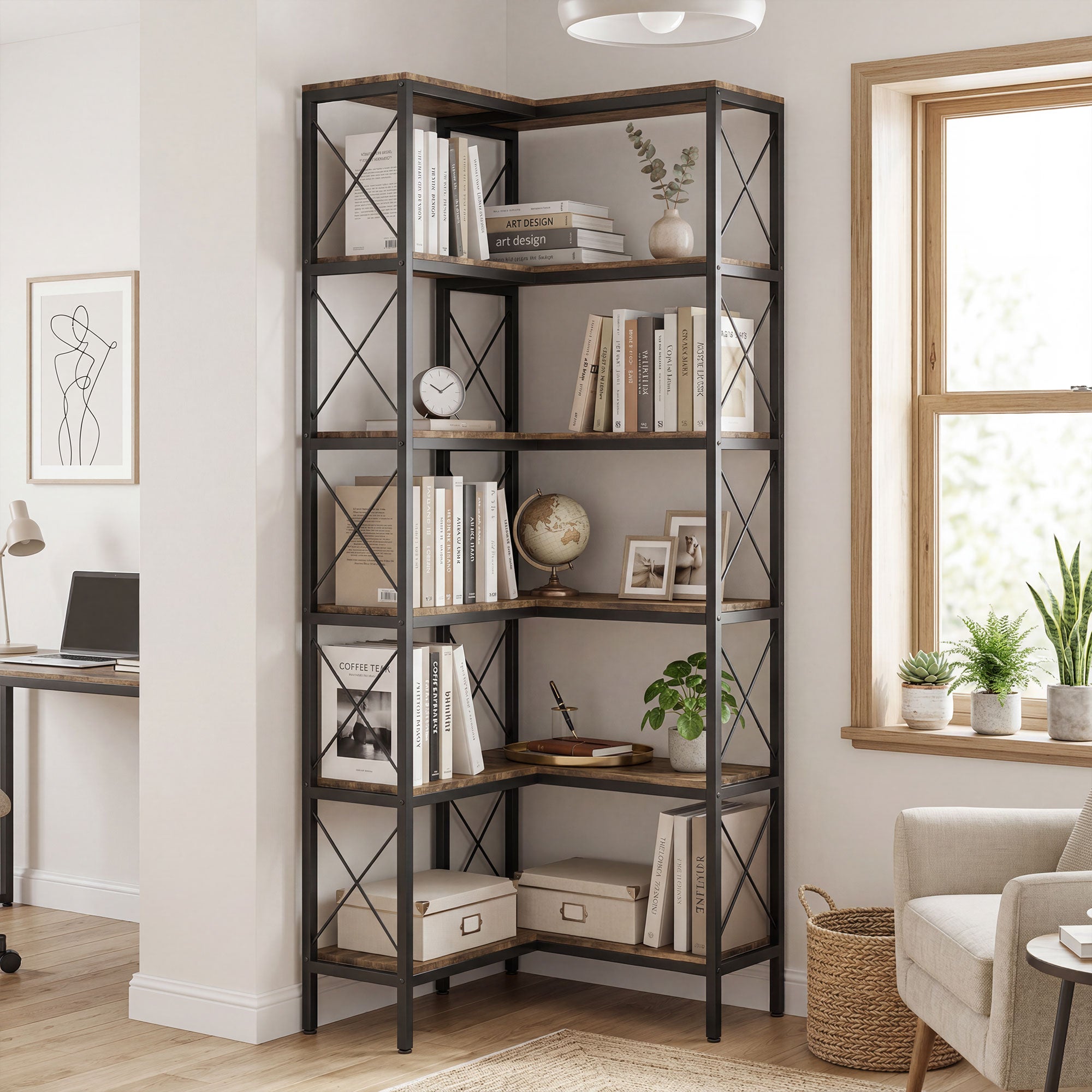 L-Shaped Bookshelf, 5-Tier Corner Bookcase, Freestanding Storage Shelf with Metal Frame for Living Room, Home Study, Rustic Brown