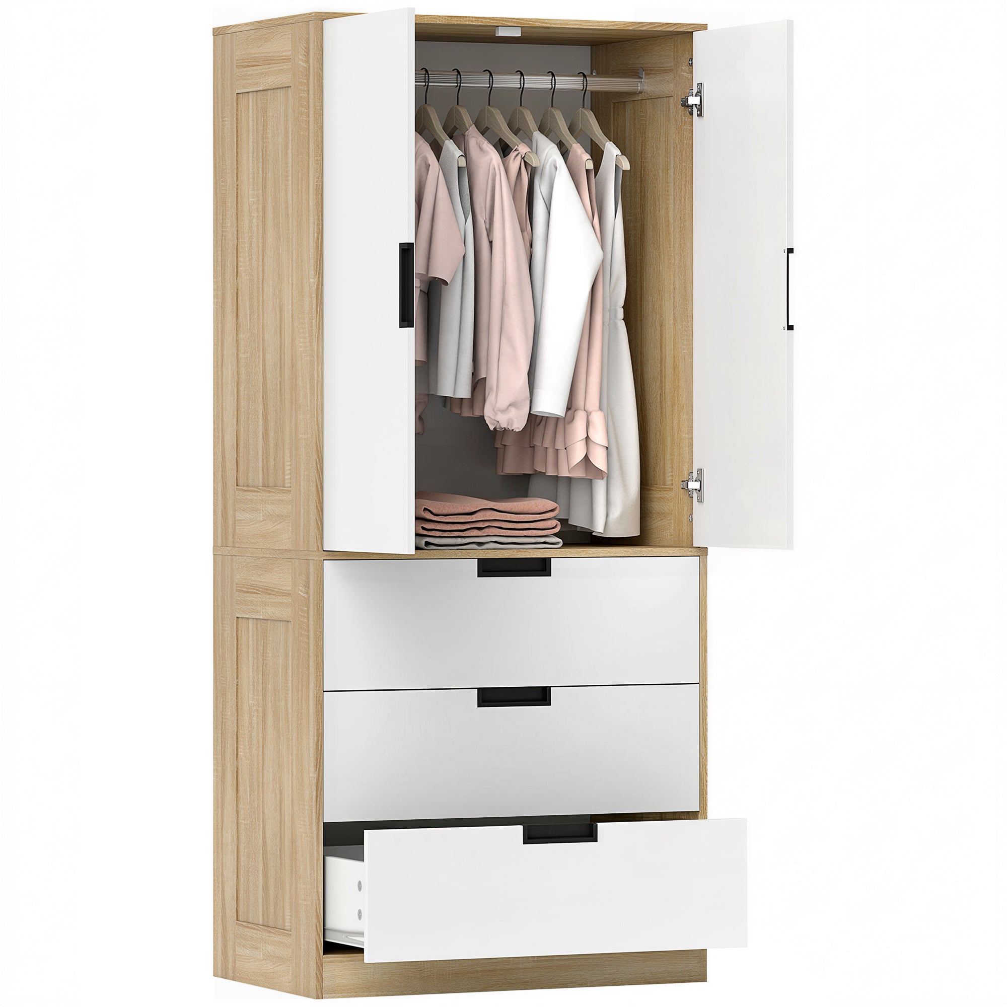 2 Door Wardrobe with 3 Drawers & Hanging Rail, Modern Clothes Storage Cupboard Unit, Bedroom Wardrobe with Soft Closing Hinge, 50D x 80W x 180Hcm, Oak