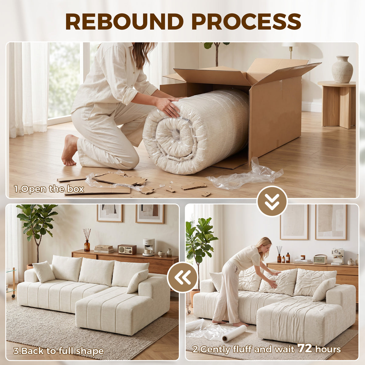 101" Modular Sectional Sofa with Chaise, Chenille Boneless Cloud Sofa Bed, 3 Seater L-Shaped Couch with Spring Cushion, Wide and Deep Seat, Wide Arms, No Assembly, Beige