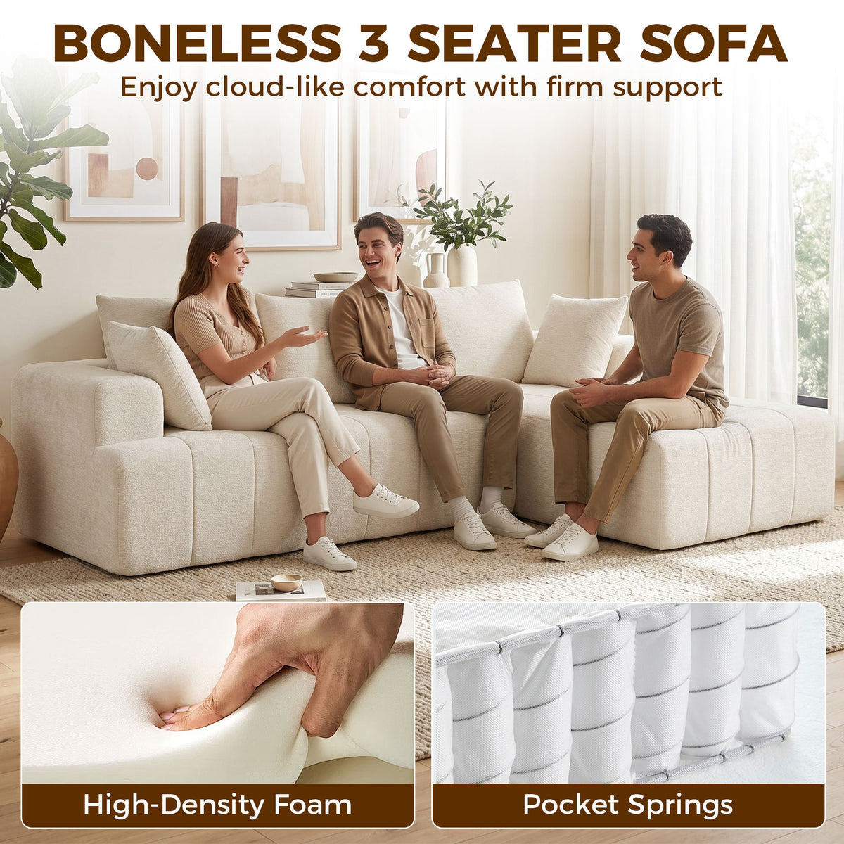 101" Modular Sectional Sofa with Chaise, Chenille Boneless Cloud Sofa Bed, 3 Seater L-Shaped Couch with Spring Cushion, Wide and Deep Seat, Wide Arms, No Assembly, Beige