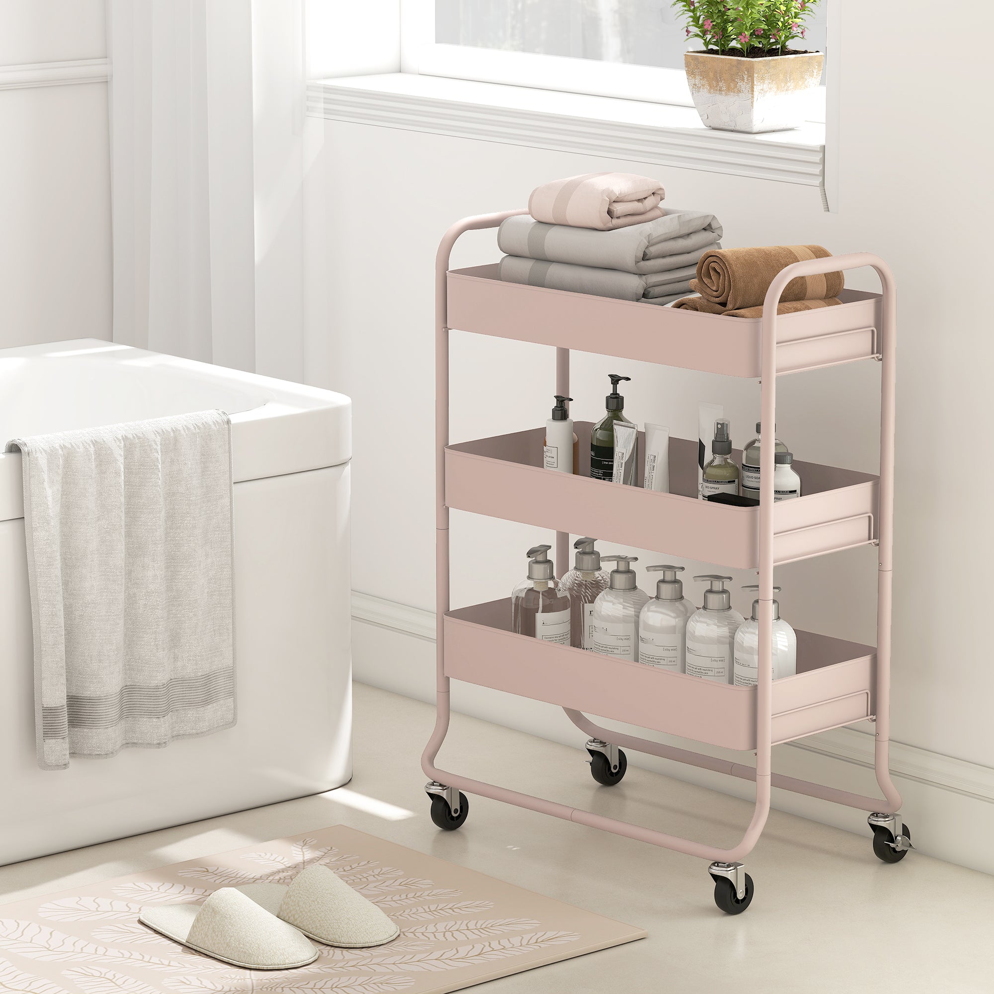 3-Tier Storage Trolley on Wheels, Rolling Utility Cart with Mesh Backets, Mobile Storage Cart for Kitchen, Bathroom, Bedroom, Light Pink