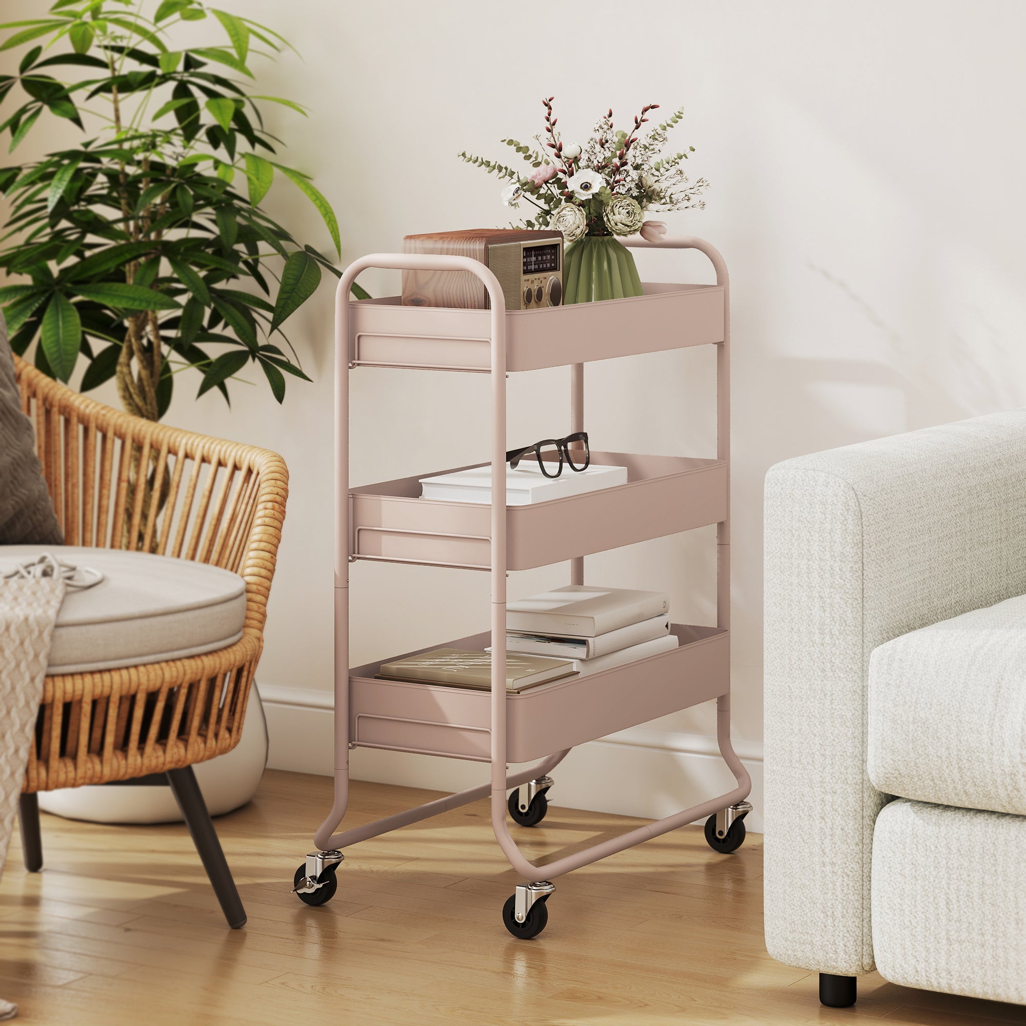 3-Tier Storage Trolley on Wheels, Rolling Utility Cart with Mesh Backets, Mobile Storage Cart for Kitchen, Bathroom, Bedroom, Light Pink