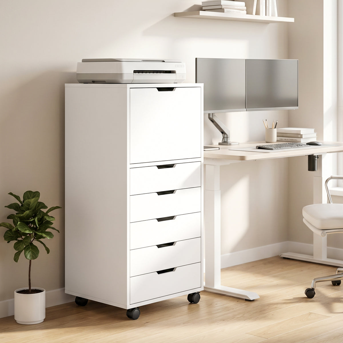 5 Drawer Vertical File Cabinet with Lockable Wheels and Soft-Close Cabinet, Mobile Filing Cabinet for Home Office, Rolling Printer Stand for A4 Letter-Size Documents, White