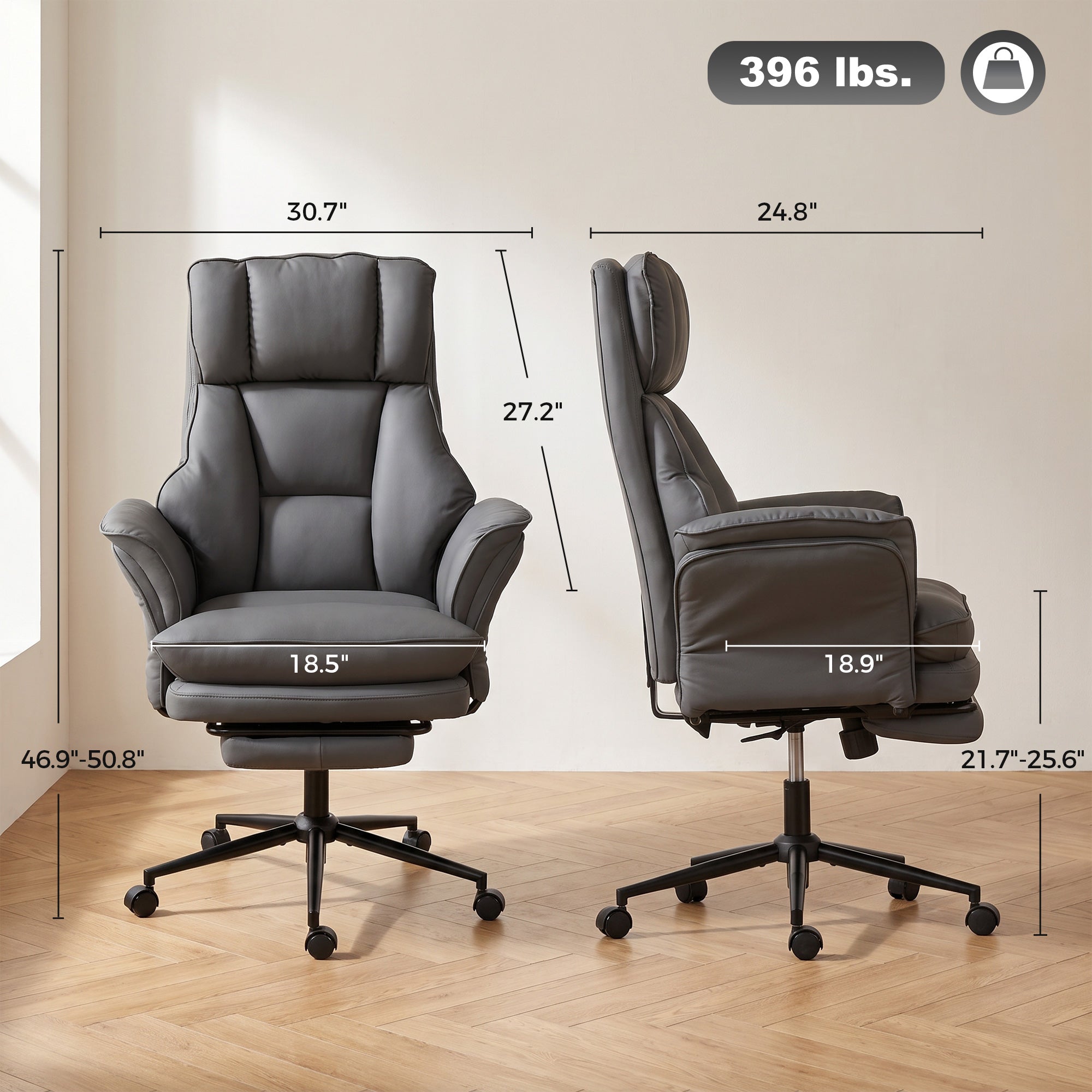 Cross Legged Office Chair w/ Footrest, 396 lbs Reclining Computer Desk Chair with High Back, Flip-up Armrests, Adjustable Height, Thick Cushion, Rocking Function, Faux Leather, Dark Gray