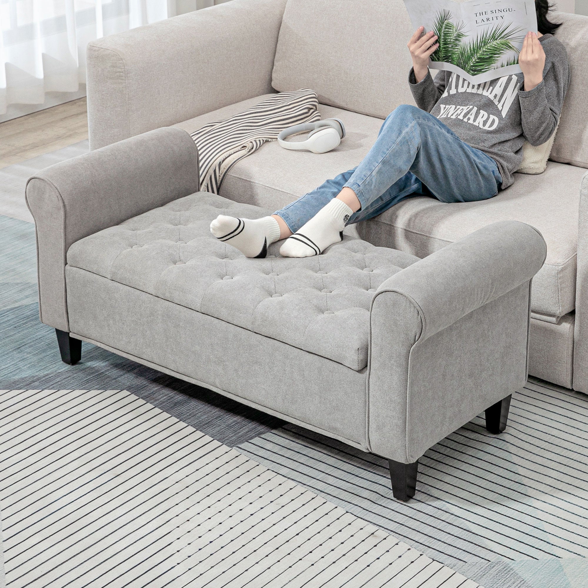 50 Inches Tufted Storage Ottoman, End of Bed Bench w/ Rolled Arms & Wood Legs, Gray
