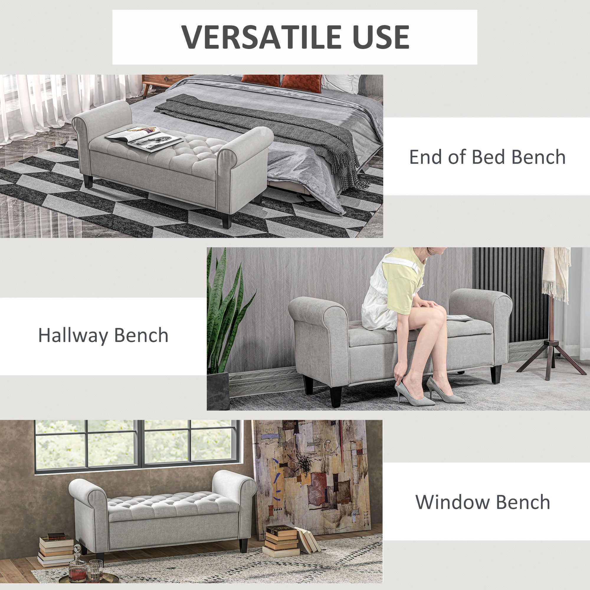 50 Inches Tufted Storage Ottoman, End of Bed Bench w/ Rolled Arms & Wood Legs, Gray