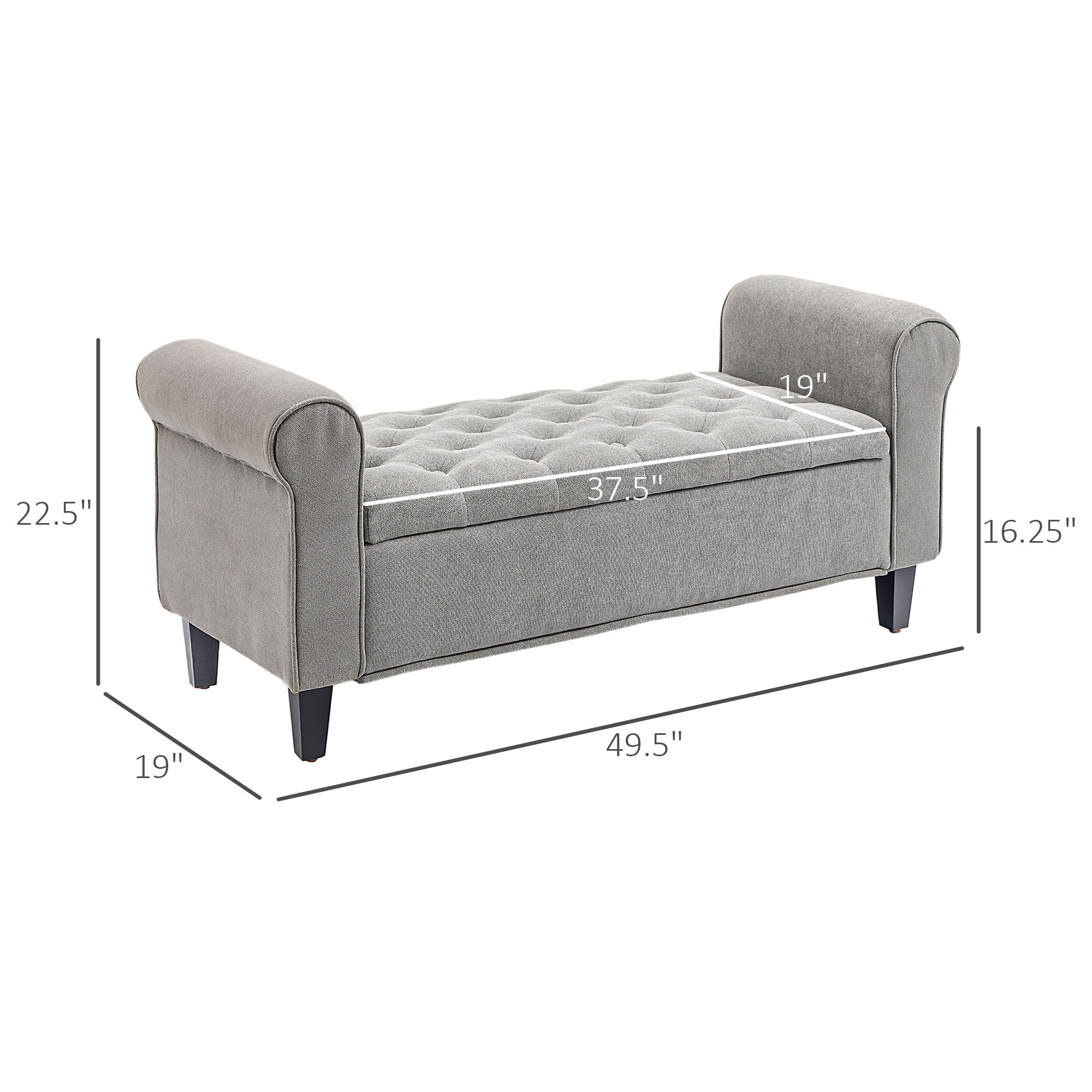 50 Inches Tufted Storage Ottoman, End of Bed Bench w/ Rolled Arms & Wood Legs, Gray