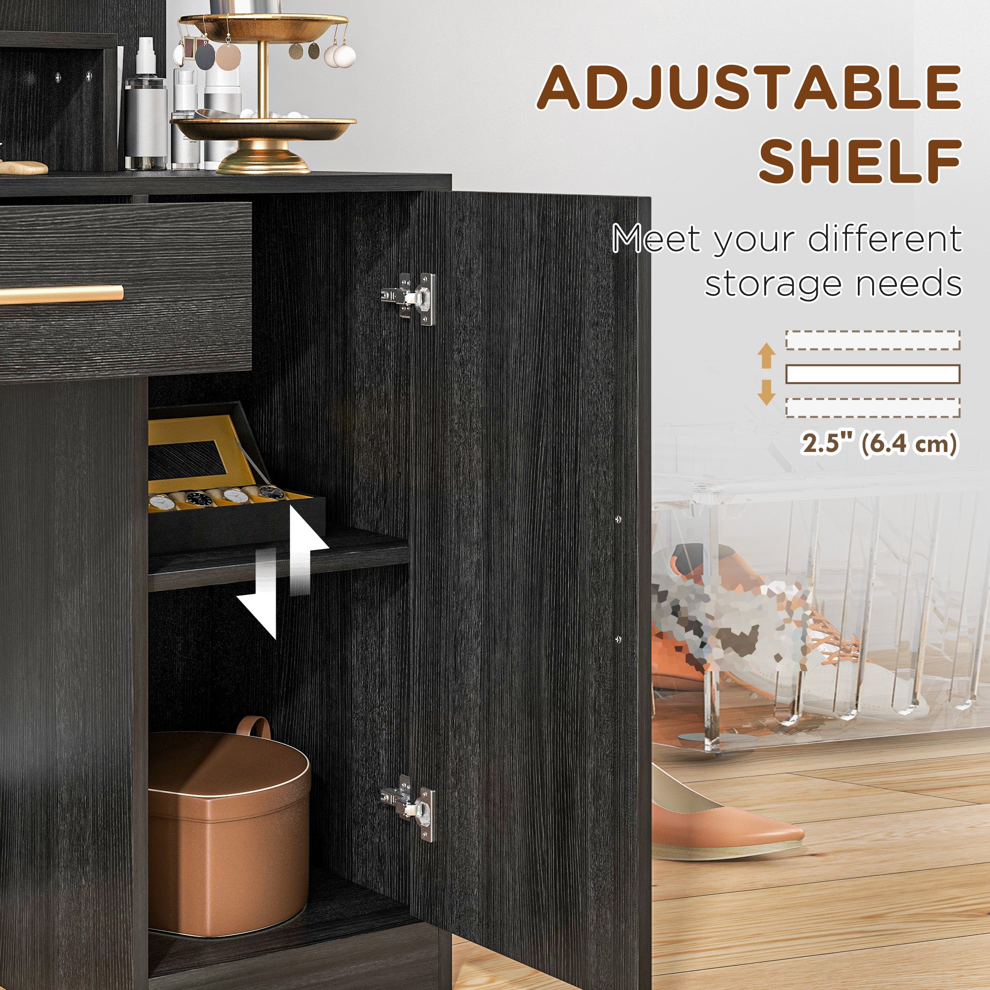 HOMCOM Vanity Desk with Mirror and Lights, Makeup Vanity Set with 10 LED Bulbs, Dressing Table with Stool, Drawer, Cabinet and 3 Open Shelves for Bedroom, Black