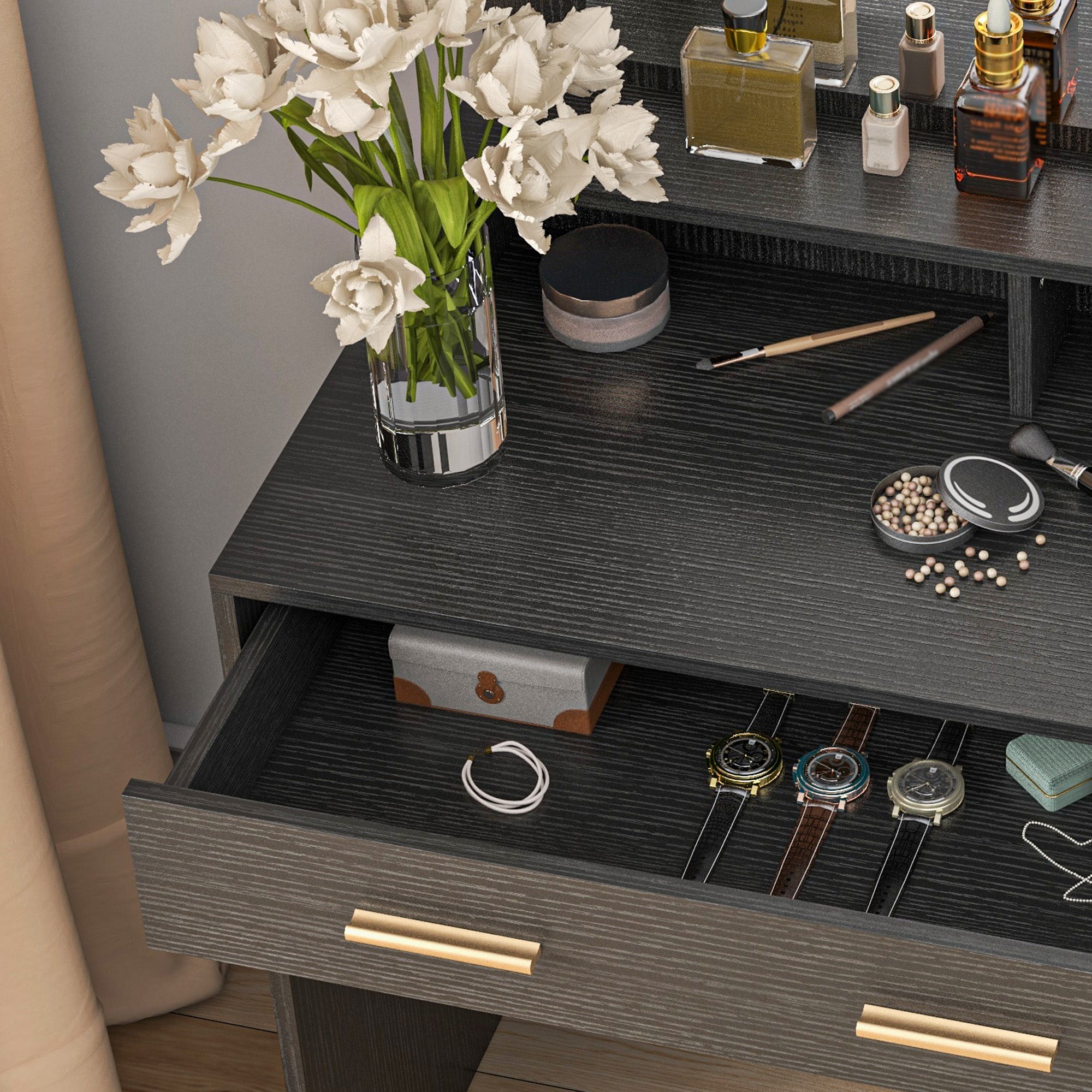 HOMCOM Vanity Desk with Mirror and Lights, Makeup Vanity Set with 10 LED Bulbs, Dressing Table with Stool, Drawer, Cabinet and 3 Open Shelves for Bedroom, Black